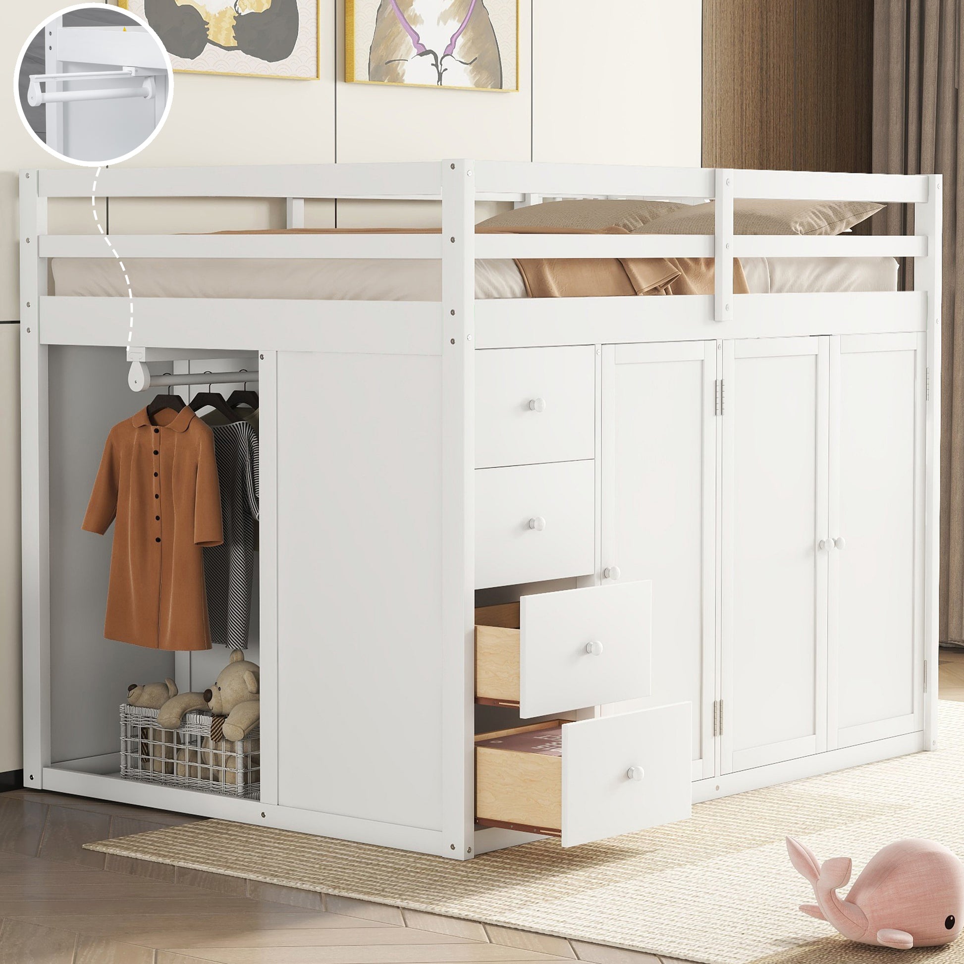 Full Size Wood Loft Bed With Built In Wardrobes, Cabinets And Drawers, White White Solid Wood Mdf