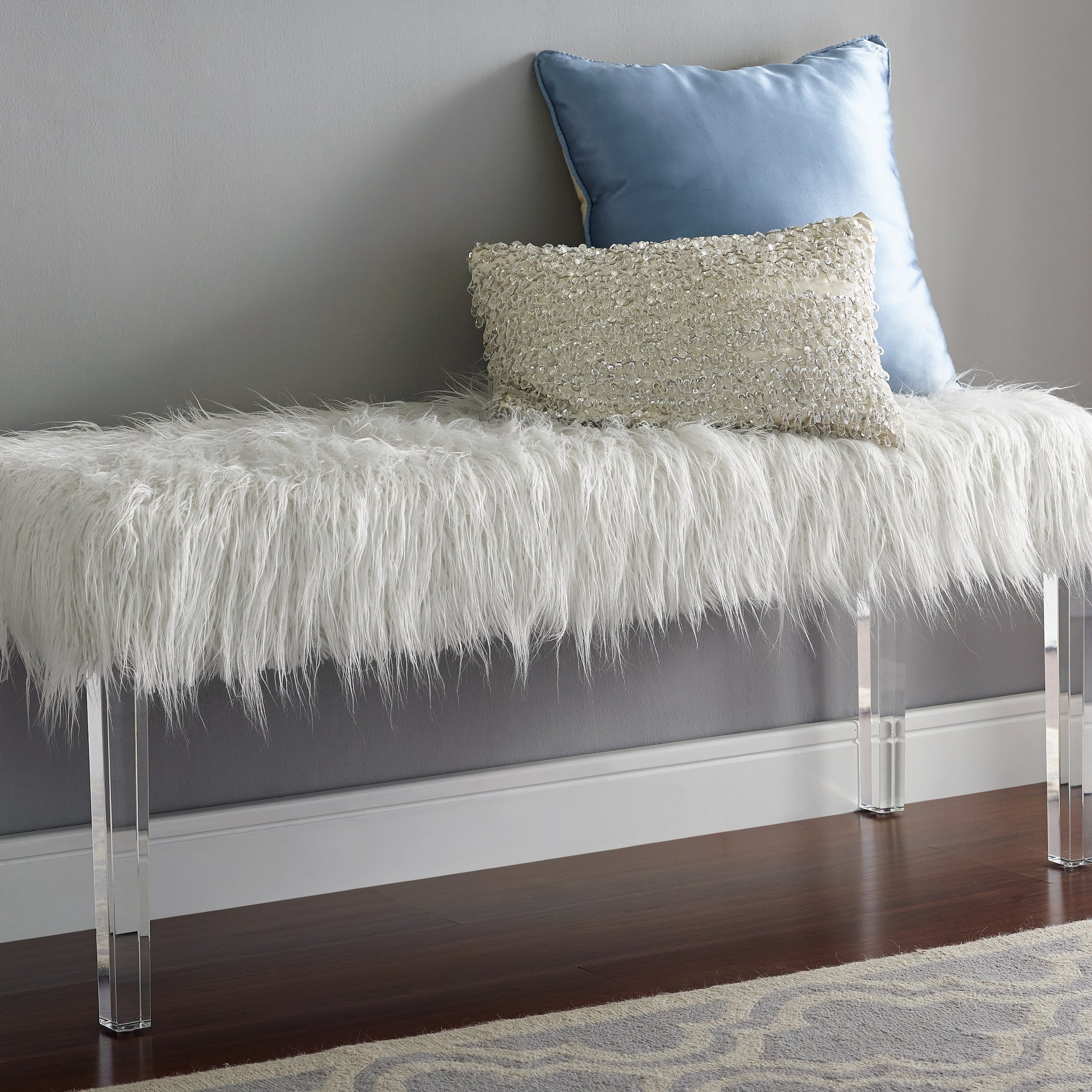 White Faux Fur Bench With Acrylic Legs White Faux Fur