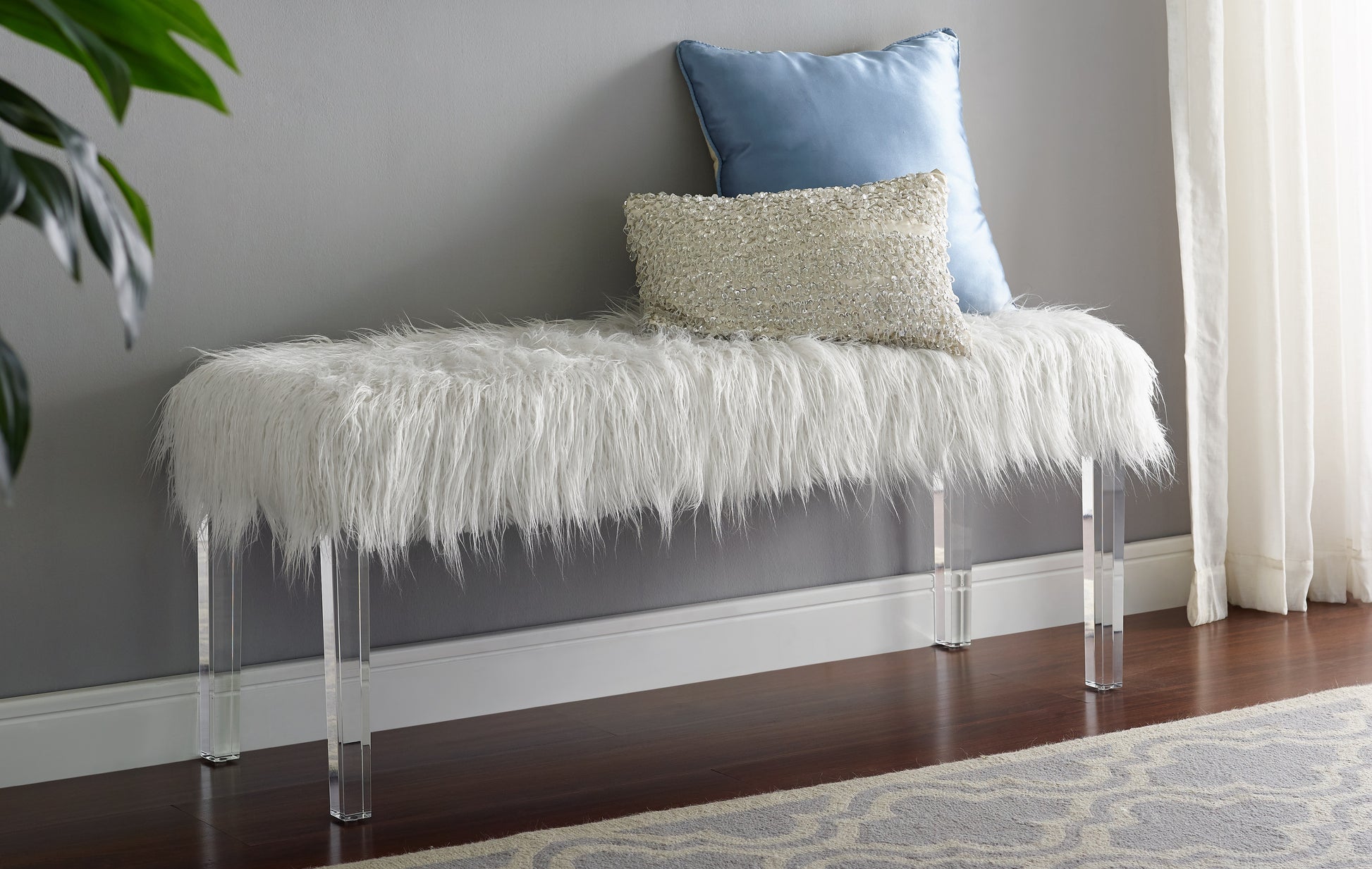 White Faux Fur Bench With Acrylic Legs White Faux Fur