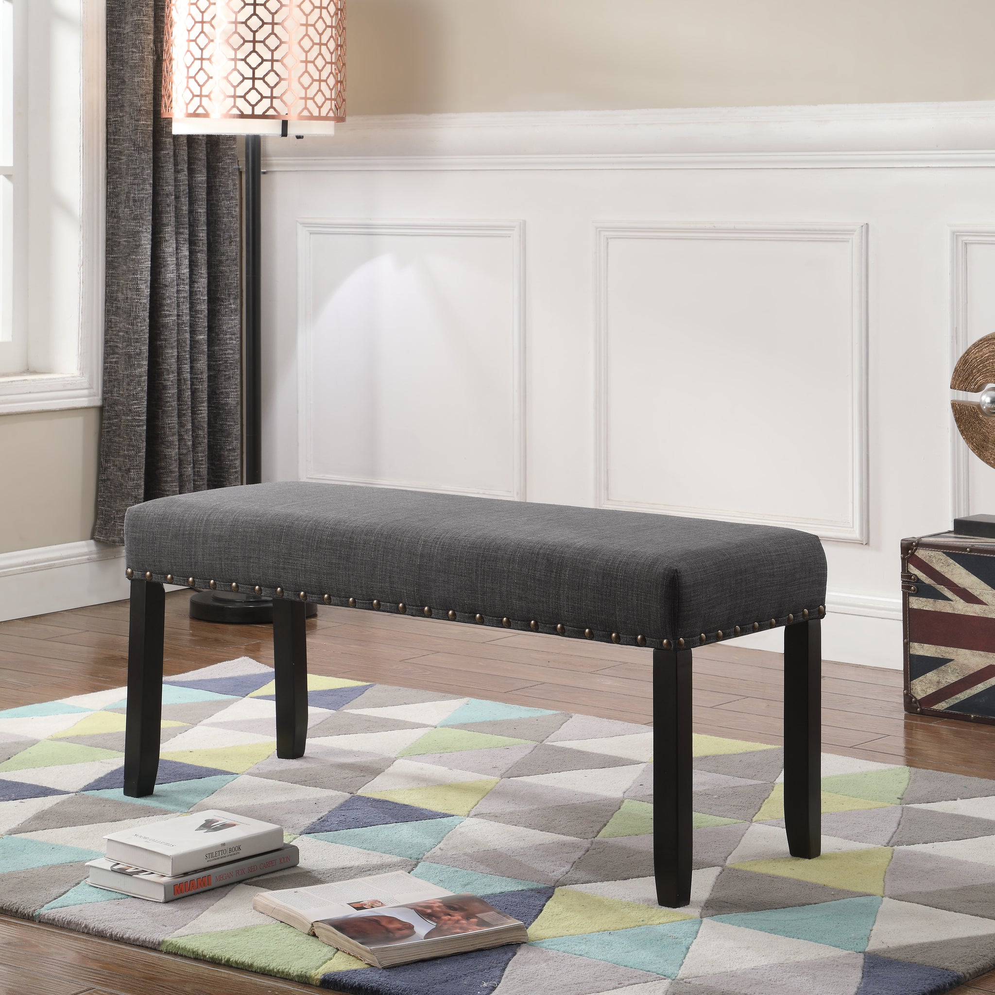 Biony Fabric Dining Bench With Trim, Grey Grey Wood