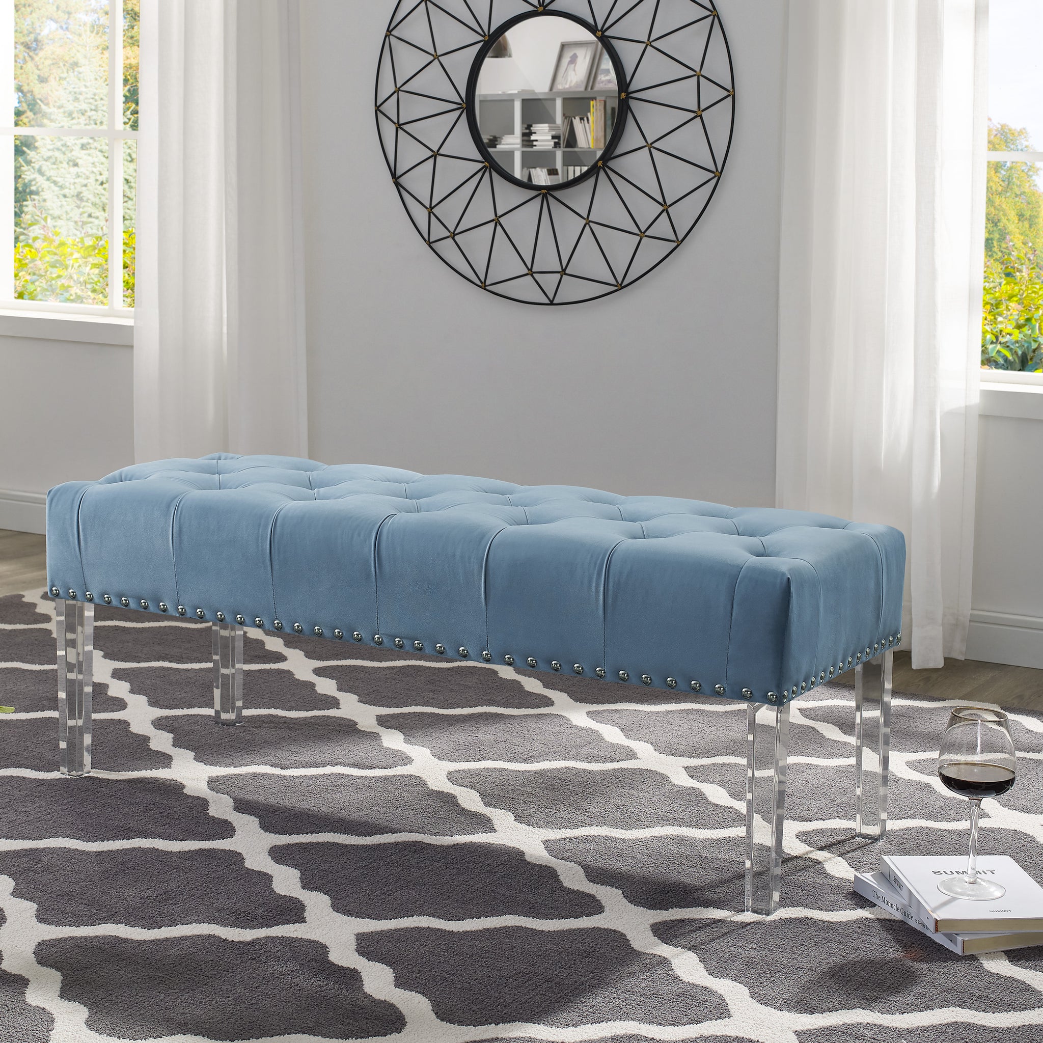 Valley Button Tufted Velvet Upholstered Bench With Acrylic Leg, Blue Blue Velvet