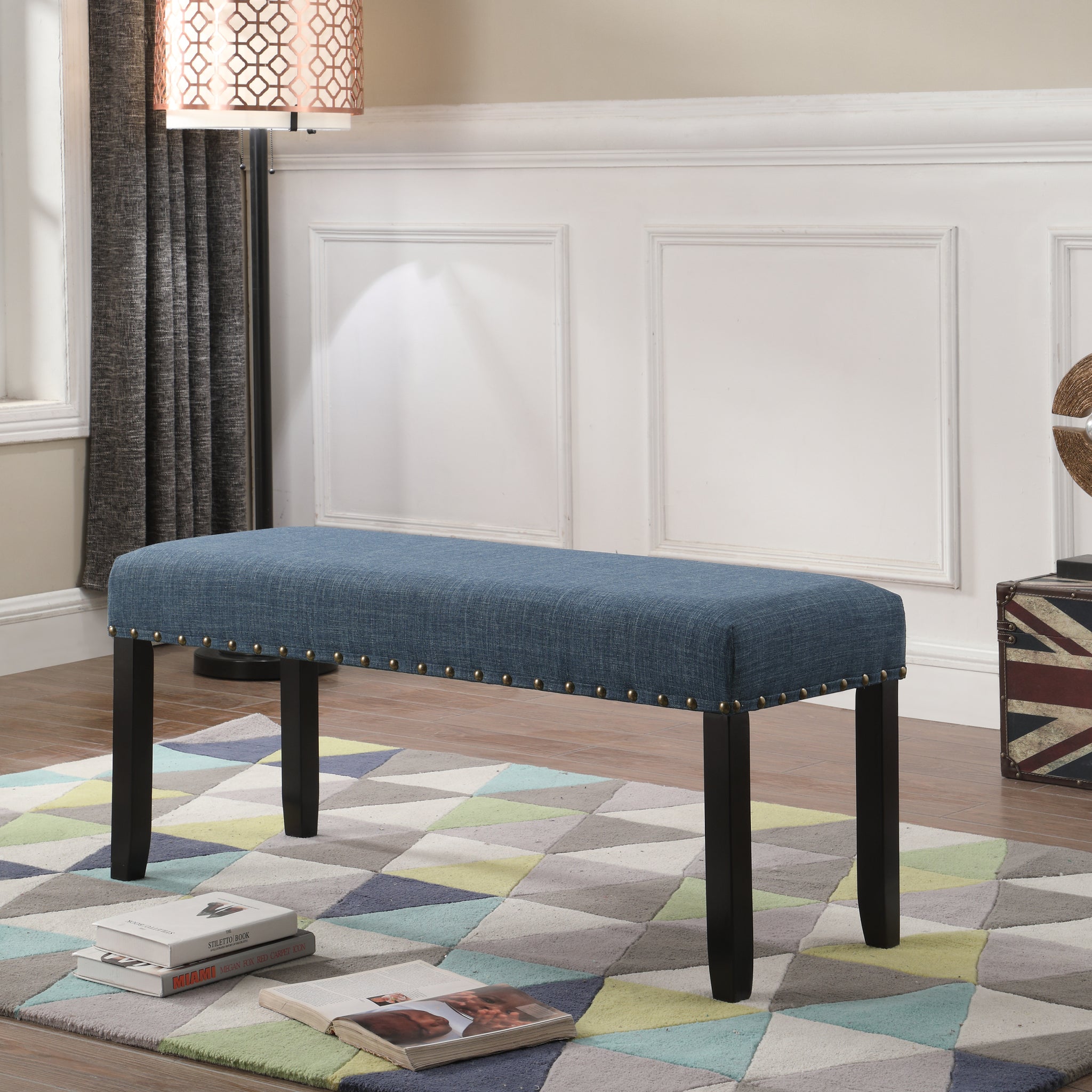 Biony Fabric Dining Bench With Trim, Blue Blue Wood