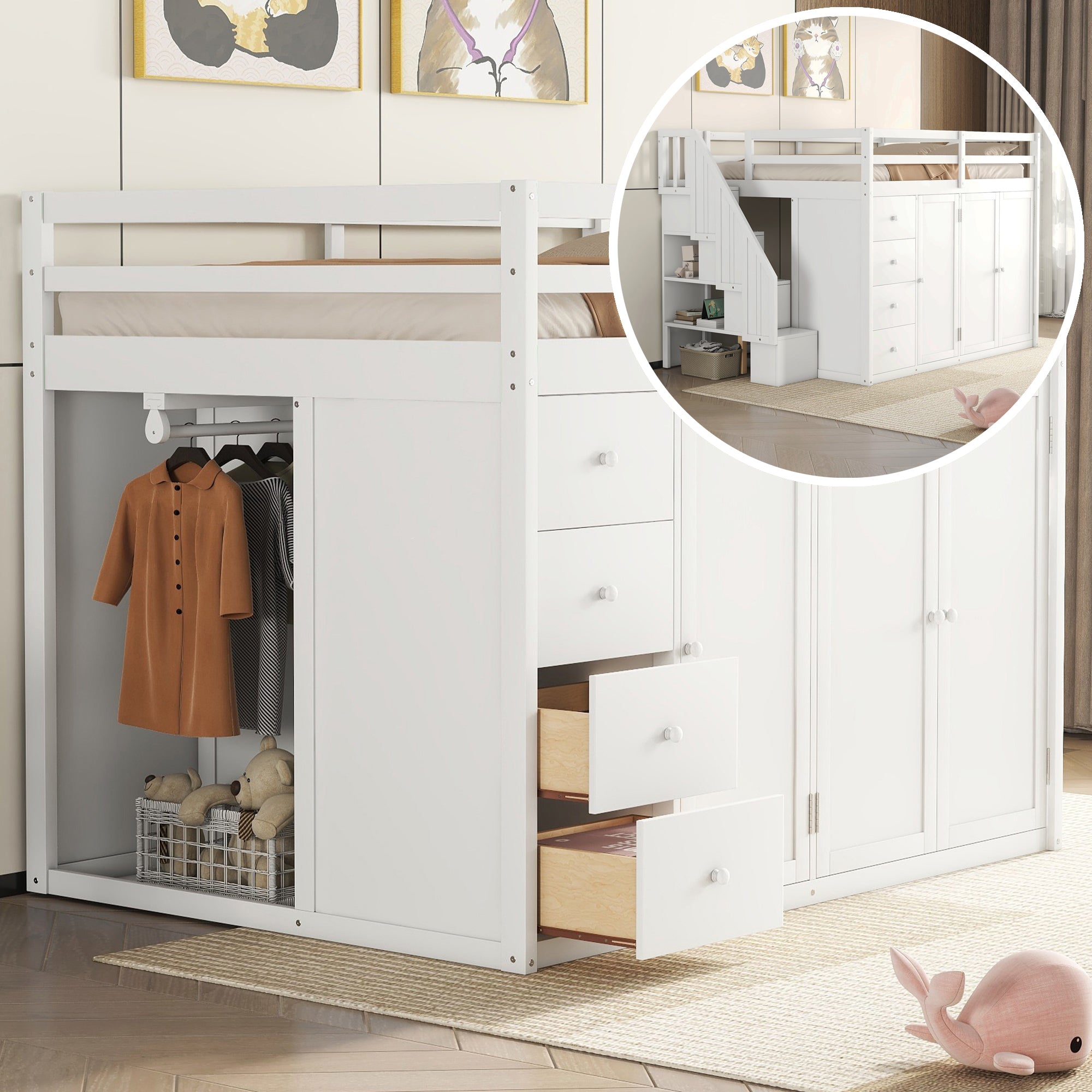 Full Size Wood Loft Bed With Built In Wardrobes, Cabinets And Drawers, White White Solid Wood Mdf