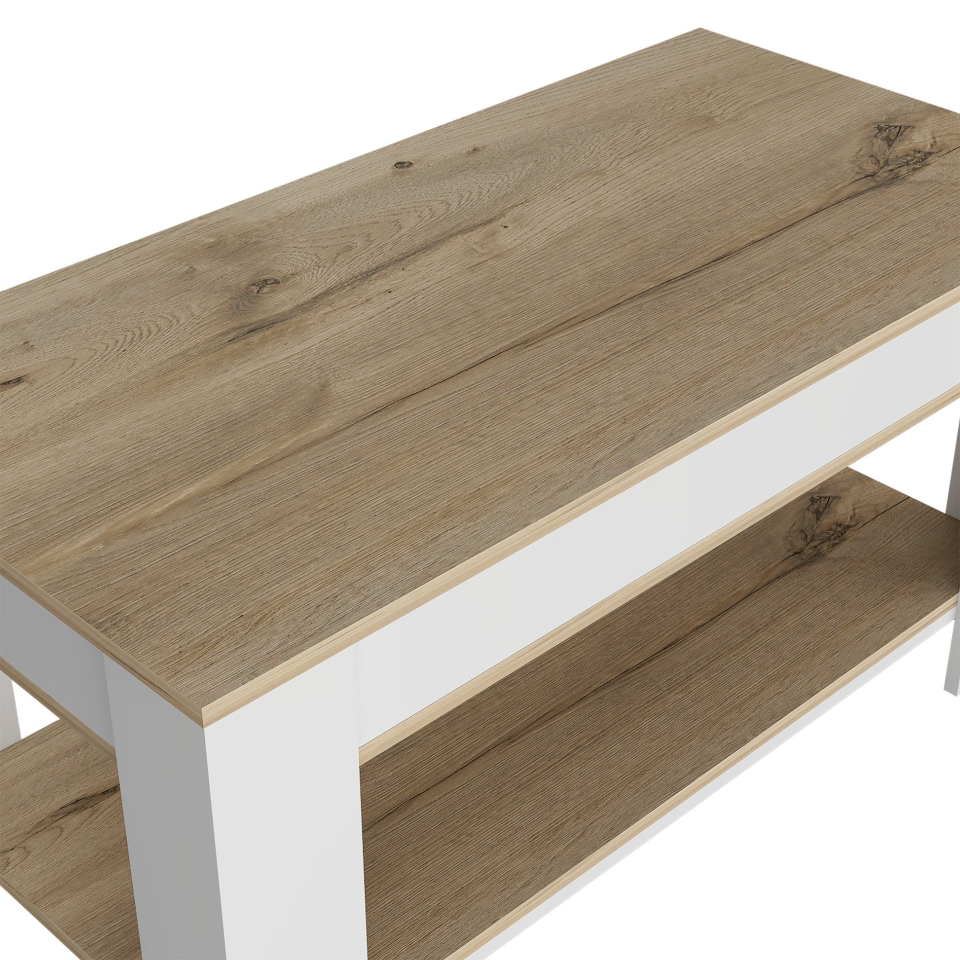 Storage Table, Four Legs, Lower Shelf, Light Oak White Multicolor Particle Board Particle Board