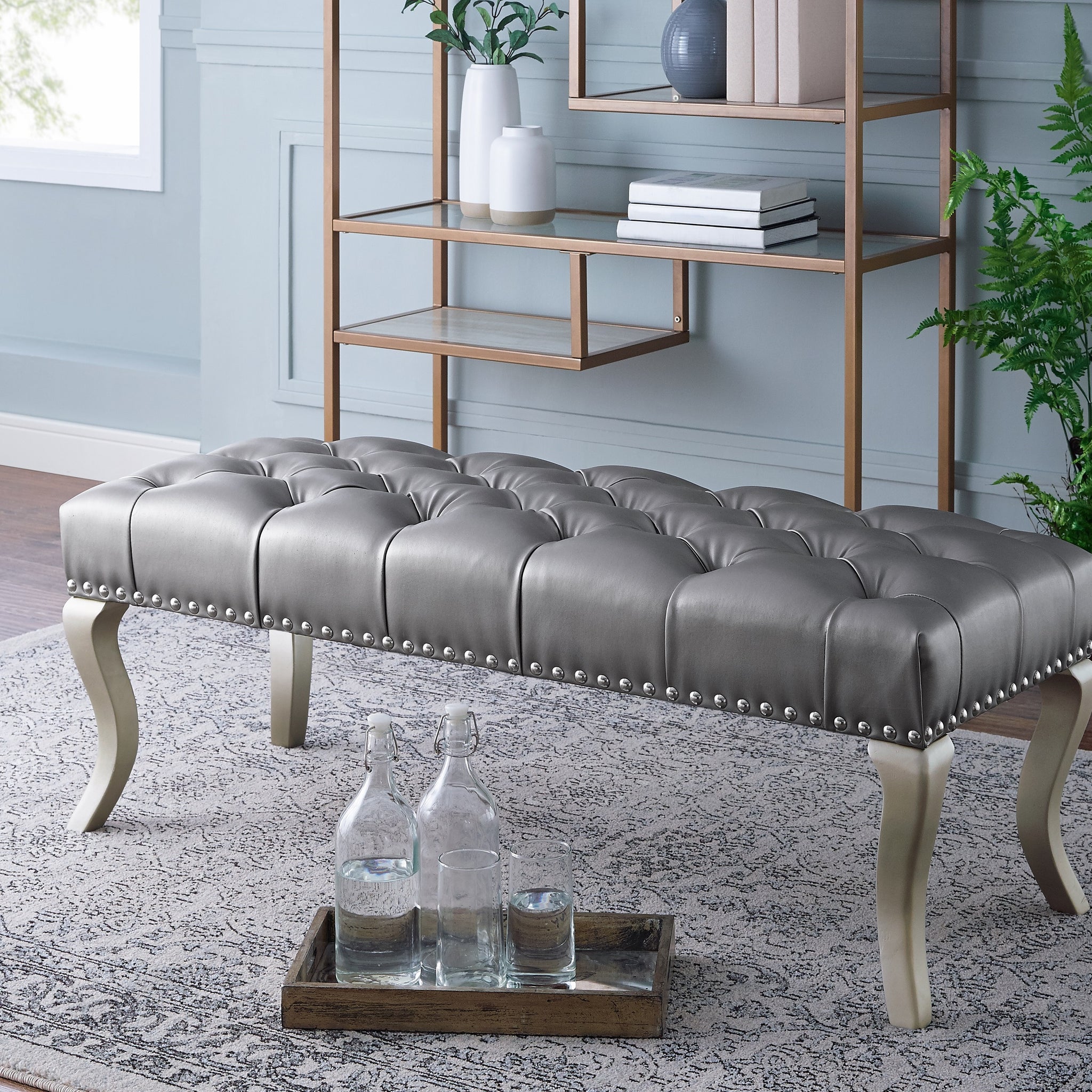Decor Maxem Tufted Fabricupholstered Bench With Trim Silver Faux Leather