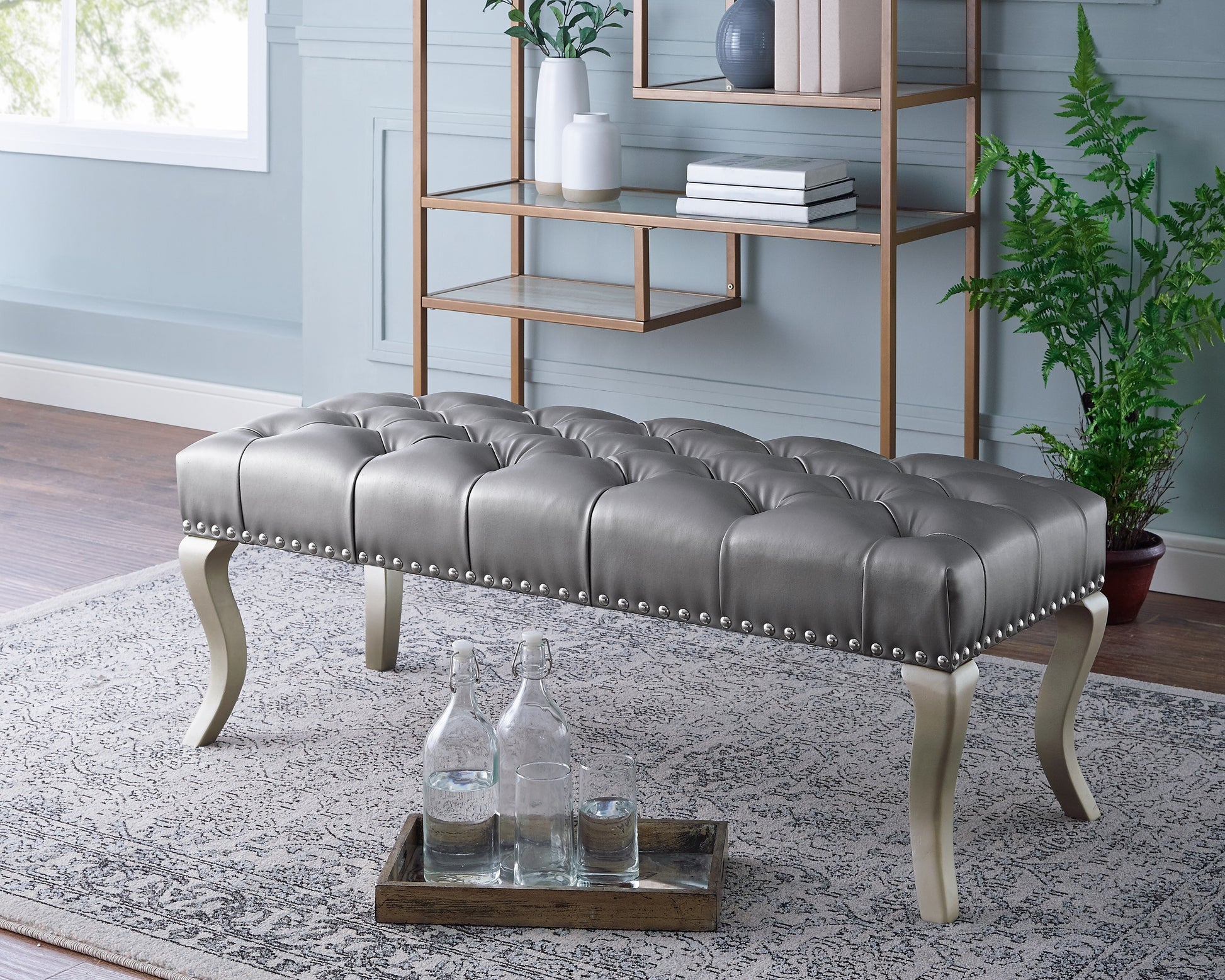 Decor Maxem Tufted Fabricupholstered Bench With Trim Silver Faux Leather