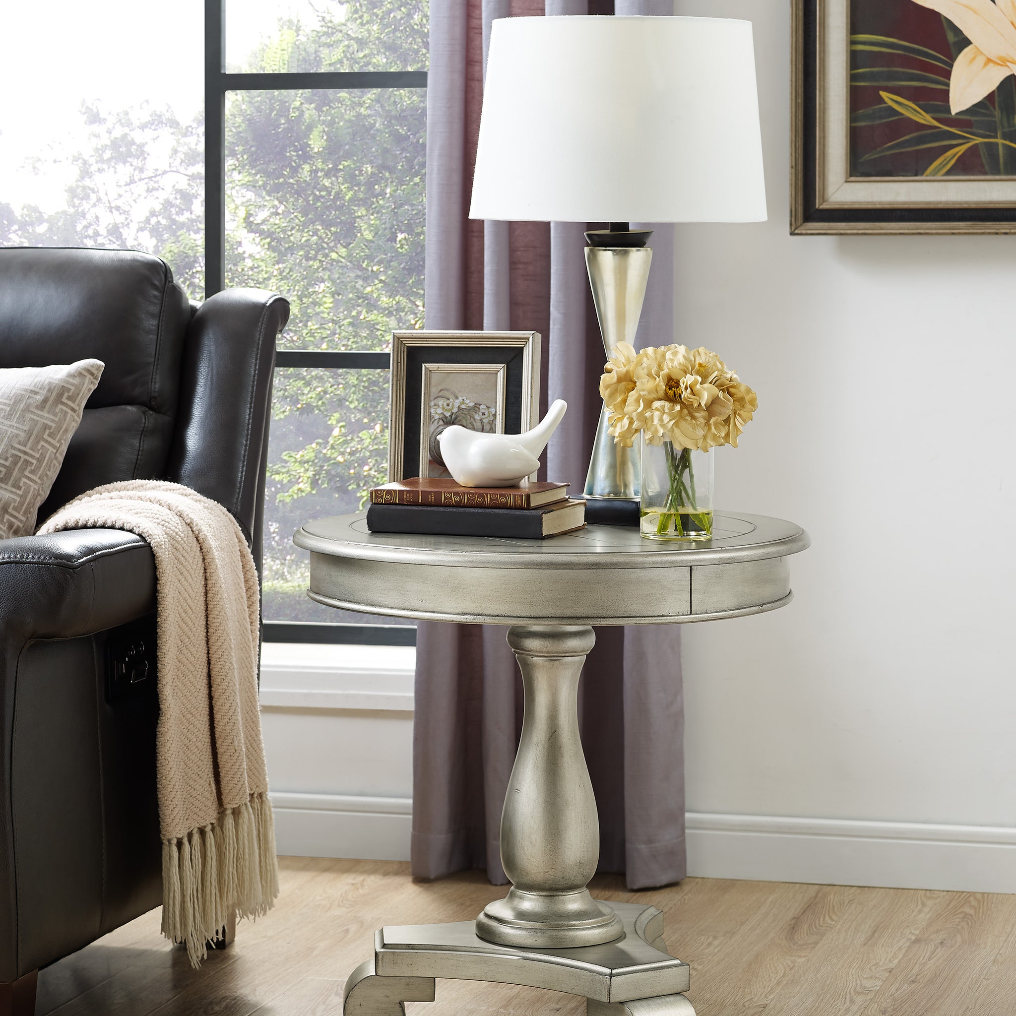 Rene Round Wood Pedestal Side Table, Champagne Champagne Wood