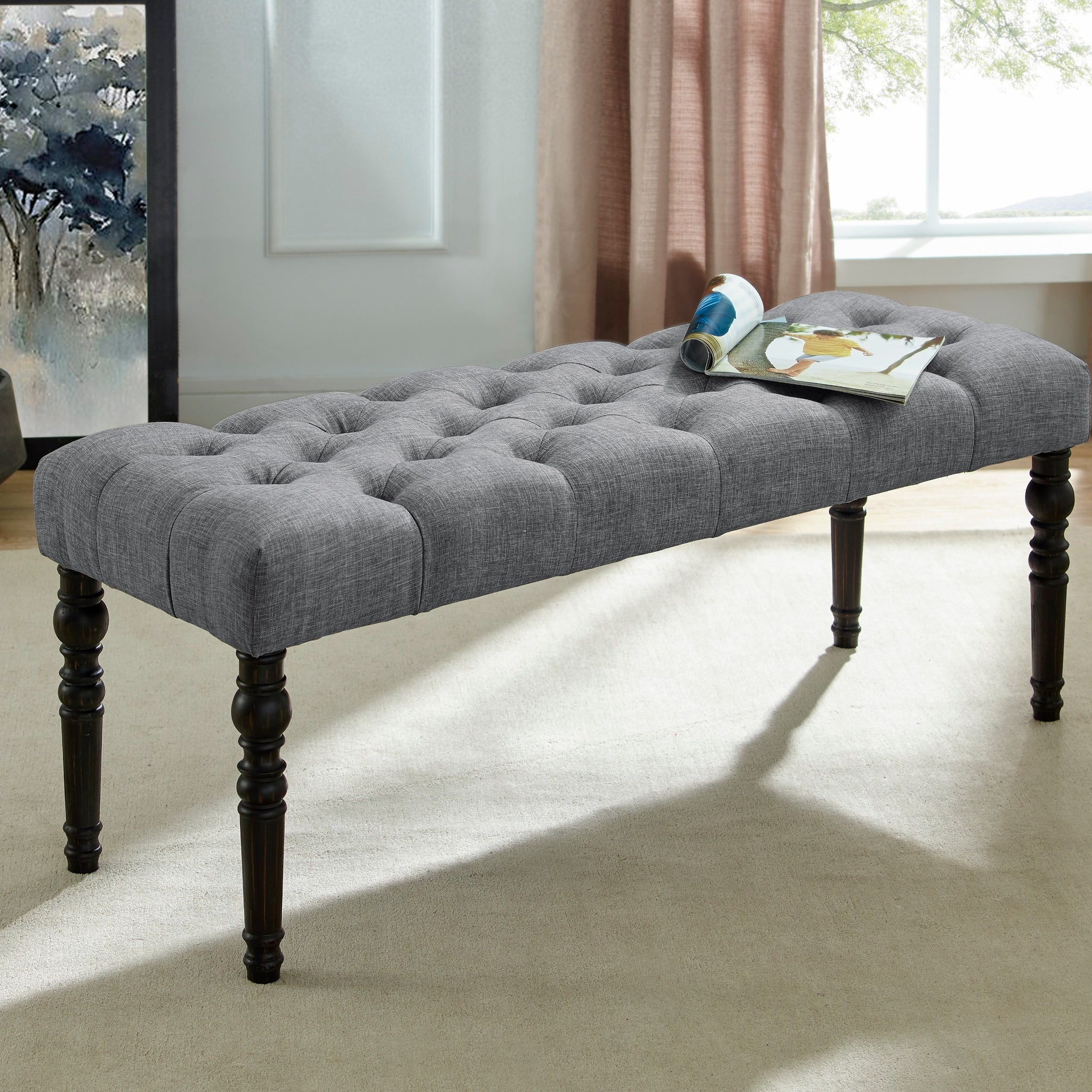 Leviton Fabric Tufted Turned Leg Dining Bench, Gray Gray Wood