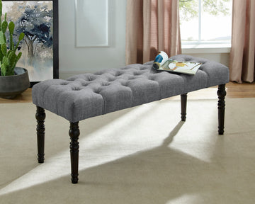 Leviton Fabric Tufted Turned Leg Dining Bench, Gray Gray Wood