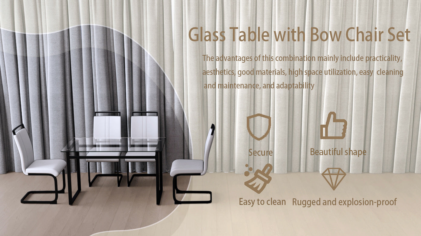 51 Inch Glass Dining Table Set For 4, Dining Table & Chair Sets With Black Metal Legs For Kitchen, Modern Rectangle Tempered Glass Table Top And Pu Dining Armless Chair For Dining Room Transparent Glass