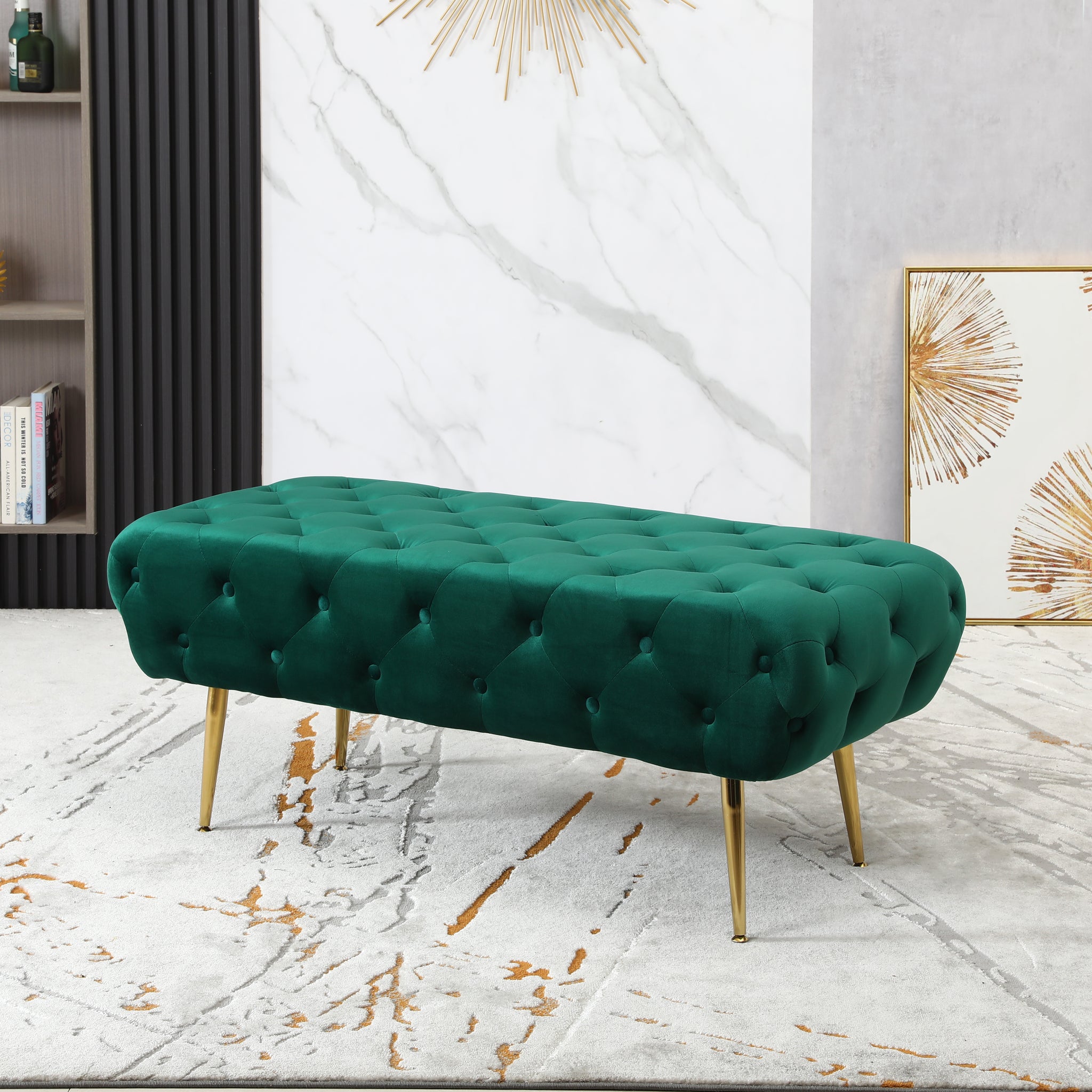Sira Velvet Button Tufted Bench With Gold Metal Legs, Green Green Velvet