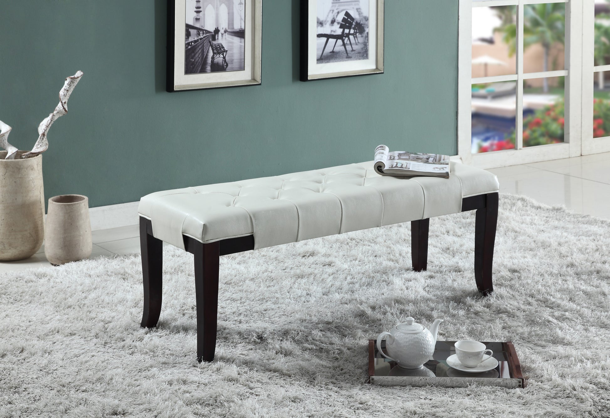 Linon Tufted Bench, Faux Leather, White White Faux Leather