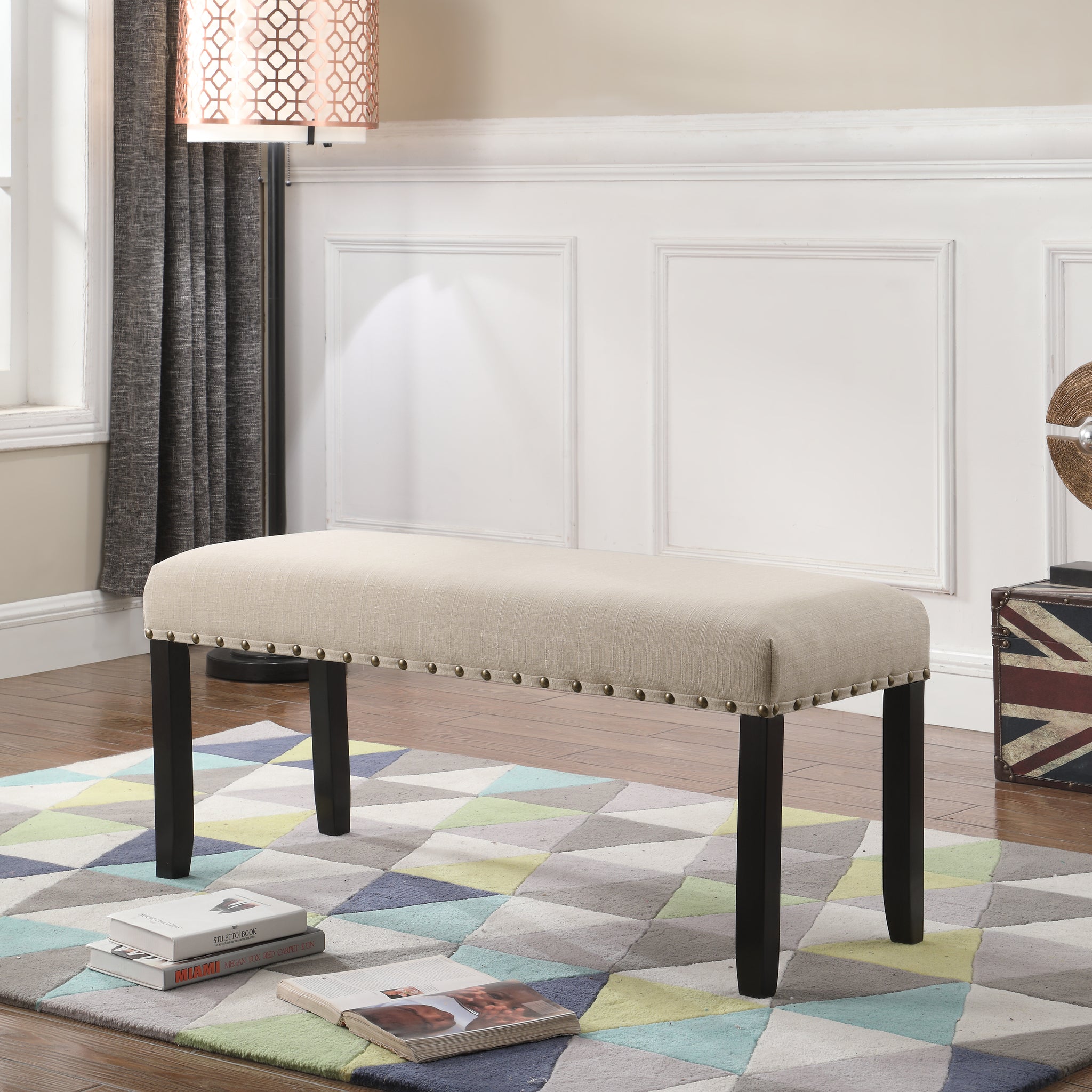 Biony Fabric Dining Bench With Trim, Tan Tan Wood