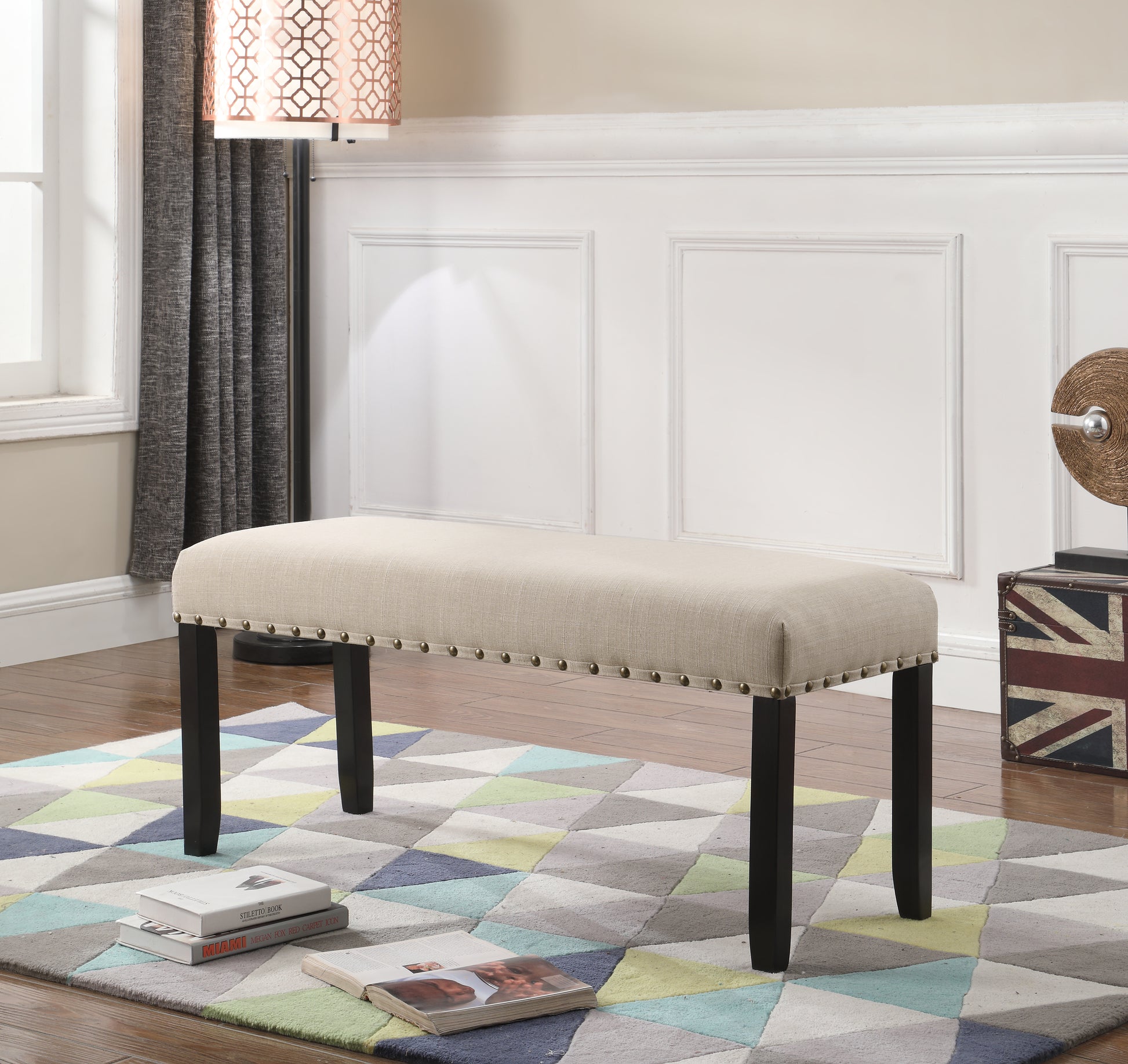 Biony Fabric Dining Bench With Trim, Tan Tan Wood