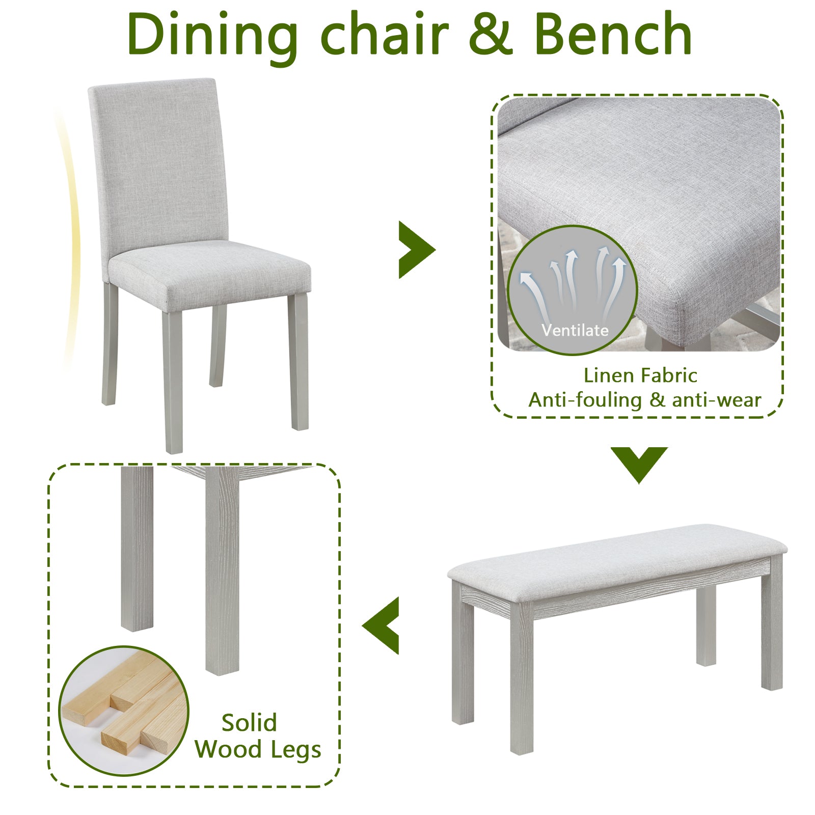 Wooden Dining Rectangular Table With Bench, Kitchen Table With Bench For Small Space, 6 Person Dining Table, Silver Grey Beige Silver Gray Seats 6 Dining Room Rectangular 4 Leg Rectangular Dining Table With Chair And Bench Solid Wood Mdf