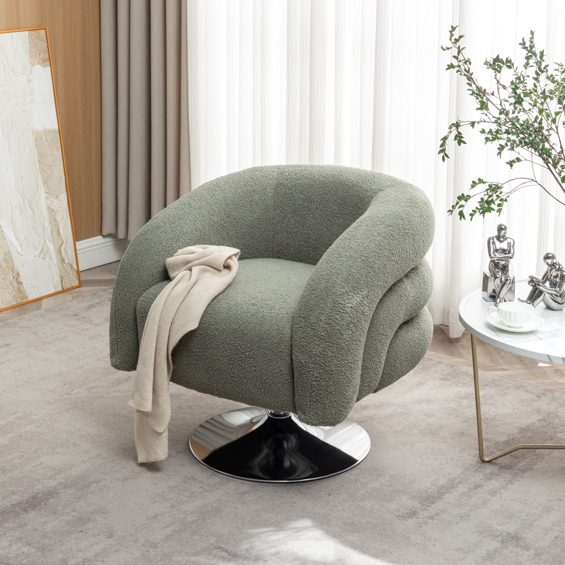 Modern Style Emerald Single Swivel Sofa Chair, Teddy Upholstered Single Sofa With Round And Fluffy Reading Chair, Suitable For Living Room, Bedroom, Corner. Emerald Bedroom Modern Wood