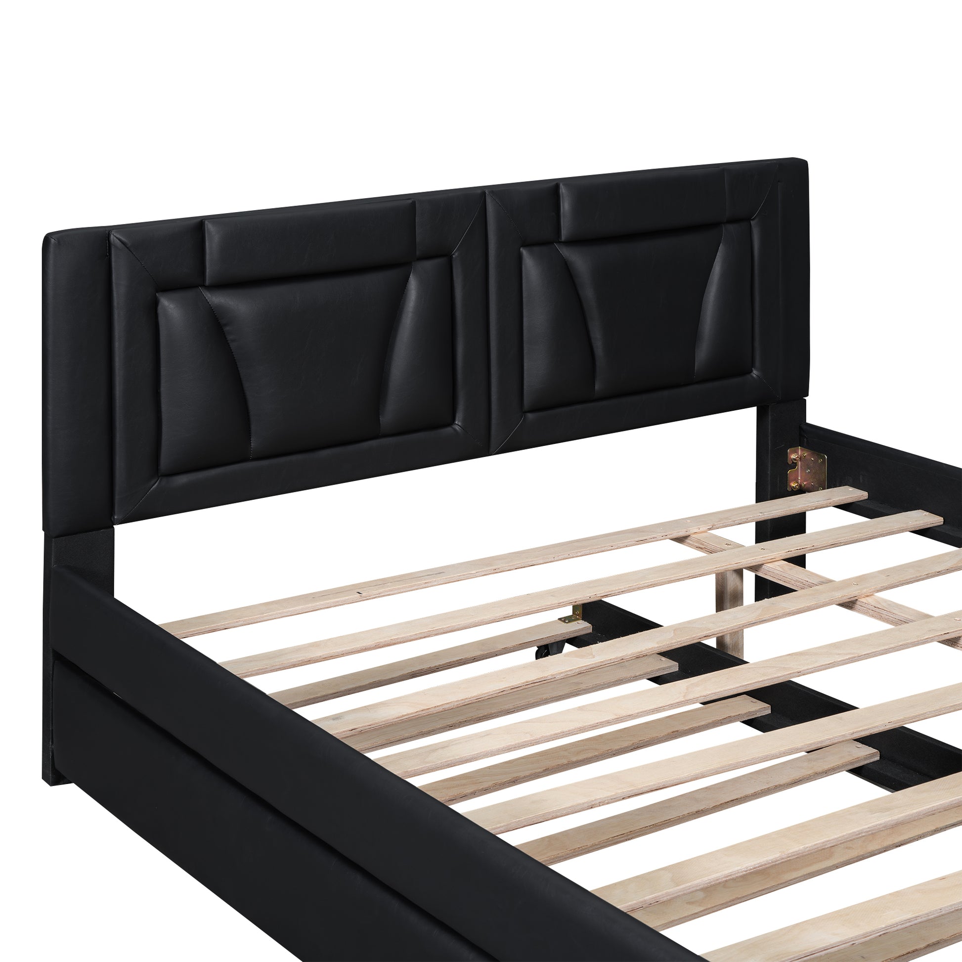 Queen Size Upholstered Platform Bed With Headboard And Twin Size Trundle, Black Box Spring Not Required Queen Black Bedroom Faux Leather Upholstered