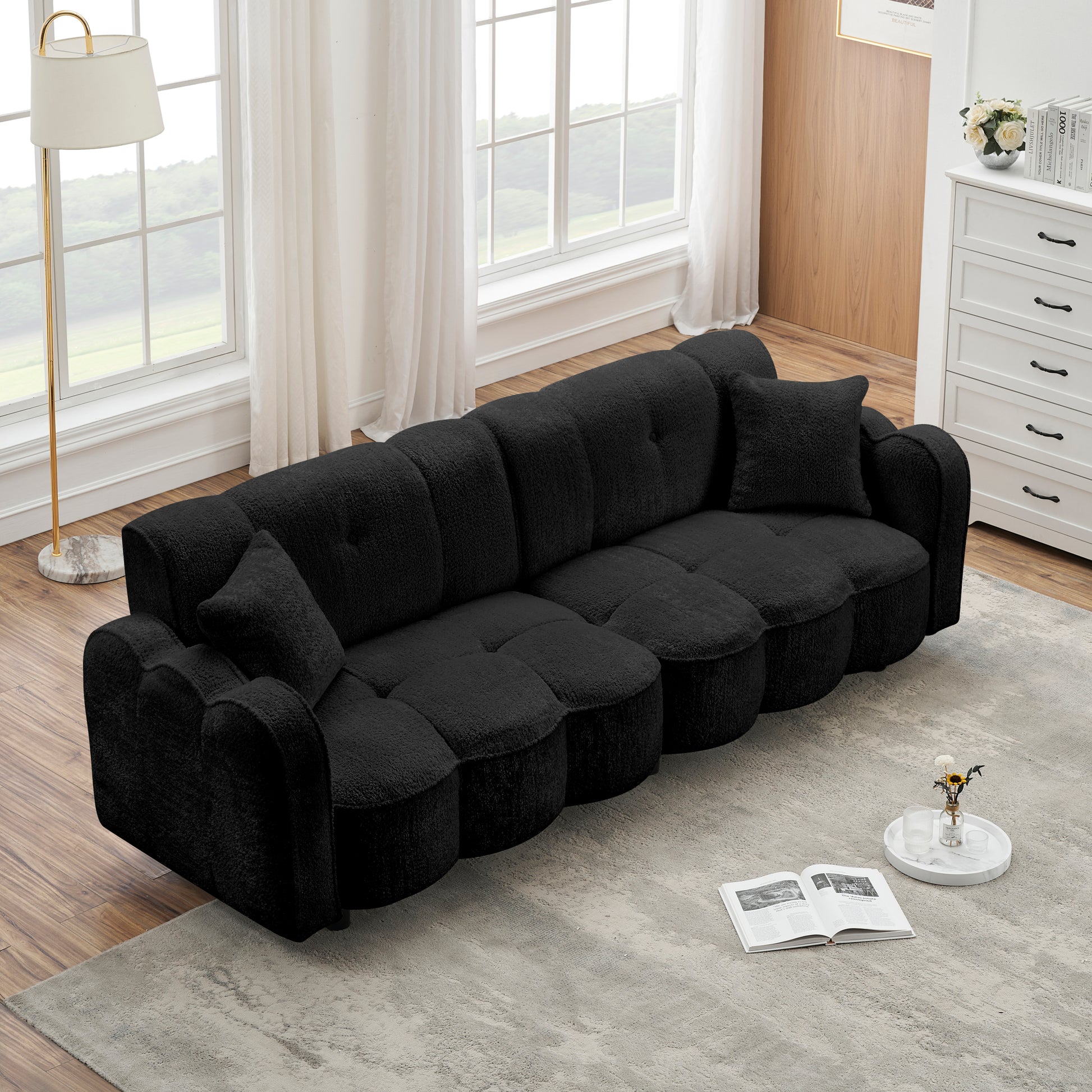 96.06 Inch Large Teddy Plush Sofa For Living Room And Entertainment Space. Black Brown Velvet Wood Primary Living Space Loose Back Medium Soft Contemporary Eucalyptus Square Arms Foam Foam 3 Seat
