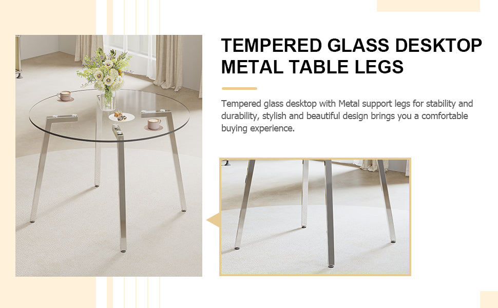 Modern Minimalist Style Circular Transparent Tempered Glass Table, Tempered Glass Tabletop, Silver Metal Table Legs, Suitable For Kitchen, Dining Room, And Living Room, 42 "* 42" * 29.5 "1123R Transparent Glass