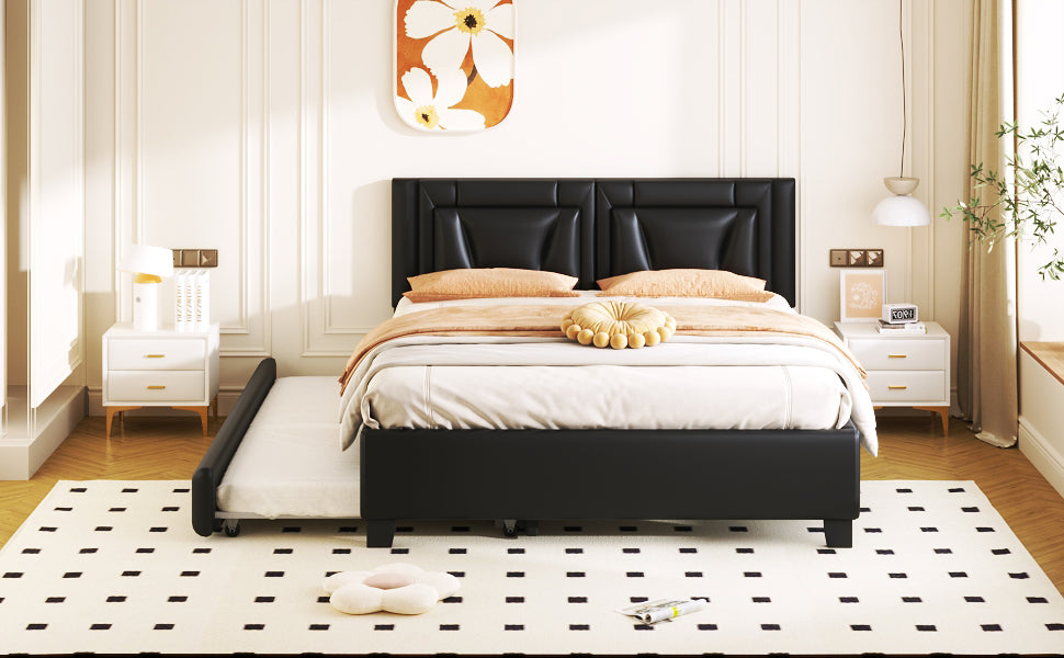 Queen Size Upholstered Platform Bed With Headboard And Twin Size Trundle, Black Box Spring Not Required Queen Black Bedroom Faux Leather Upholstered
