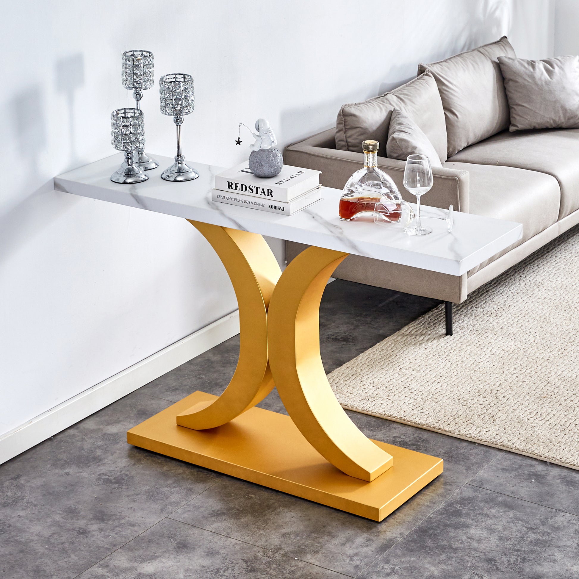 A Modern Minimalist Style Foyer Table With White Tabletop, Gold Bracket, And Bottom Plate, Enhancing The Beauty And Artistic Atmosphere Of The Home, Suitable For The Foyer Fxg White Gold Mdf