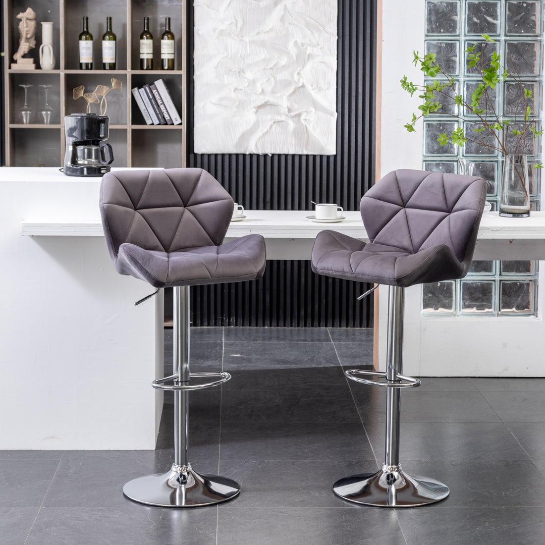 Breni Velvet Diamond Tufted Swivel Adjustable Height Barstool, Set Of 2, Gray Gray Velvet