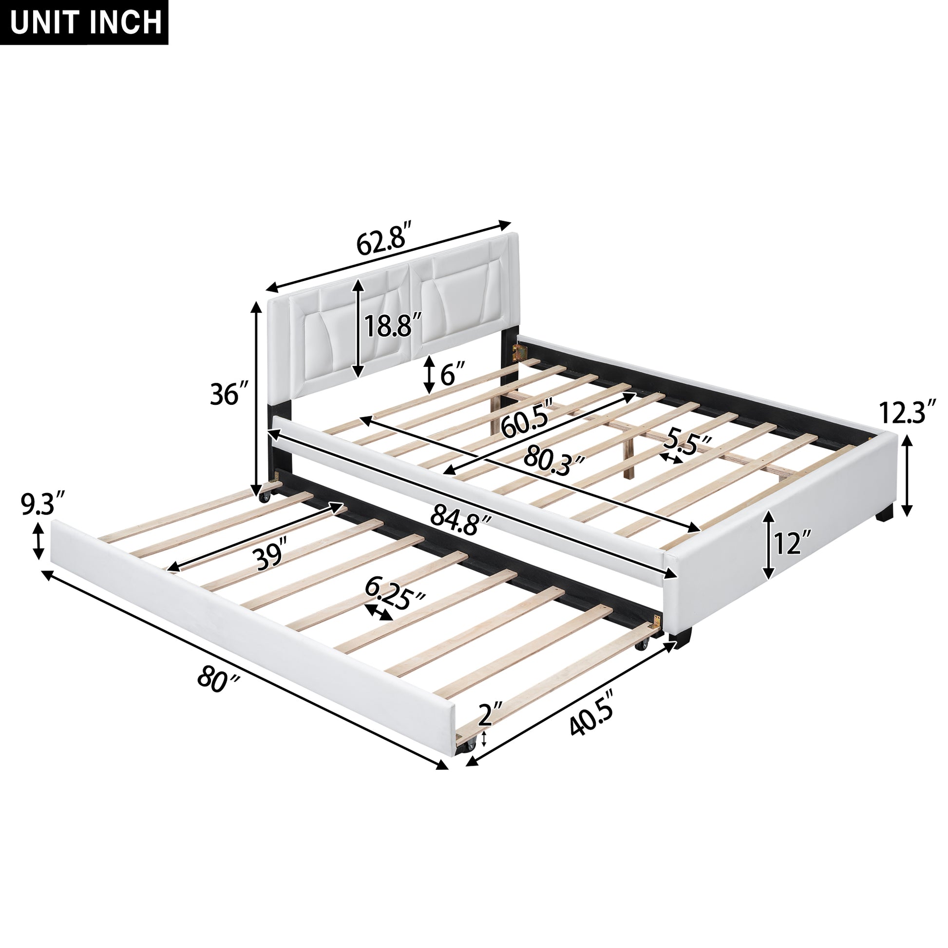 Queen Size Upholstered Platform Bed With Headboard And Twin Size Trundle, White Box Spring Not Required Queen White Bedroom Faux Leather Upholstered