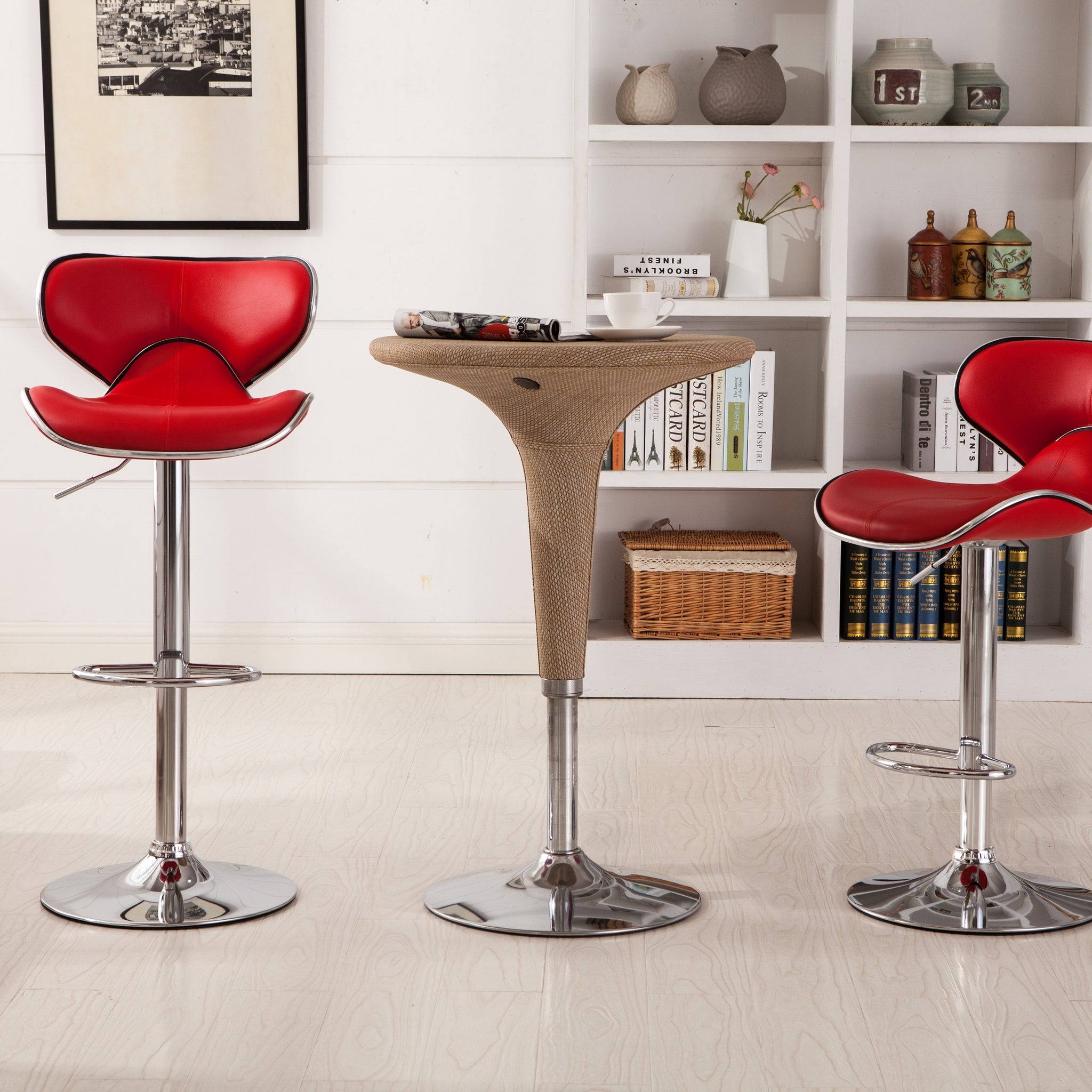 Masaccio Upholstery Airlift Adjustable Swivel Barstool With Chrome Base, Set Of 2, Red Red Faux Leather