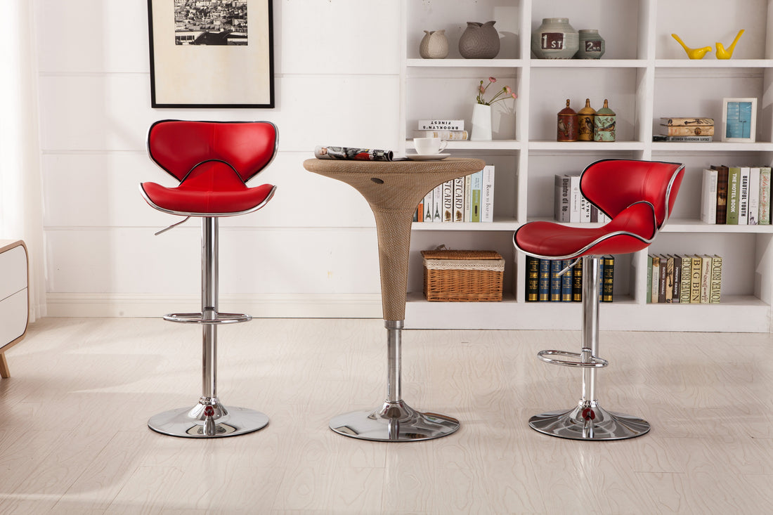 Masaccio Upholstery Airlift Adjustable Swivel Barstool With Chrome Base, Set Of 2, Red Red Faux Leather
