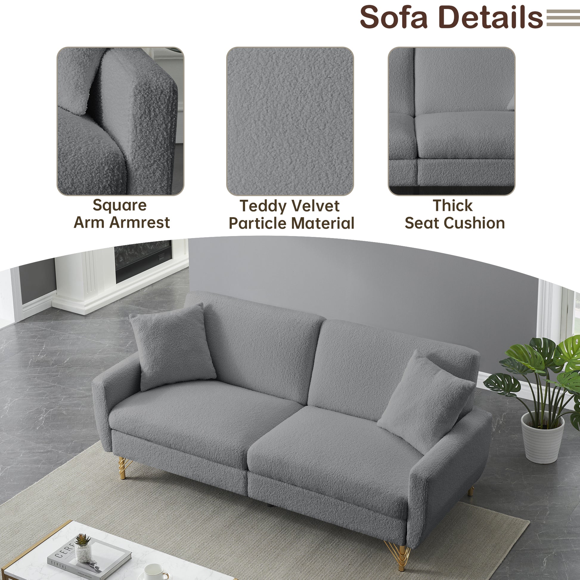 74.41 Inch Teddy Velvet Sofa Bed With Separate Adjustment Backrest And Storage Function Gray Light Brown Velvet Wood Primary Living Space Medium Soft Loose Back Contemporary Square Arms Foam Foam 2 Seat
