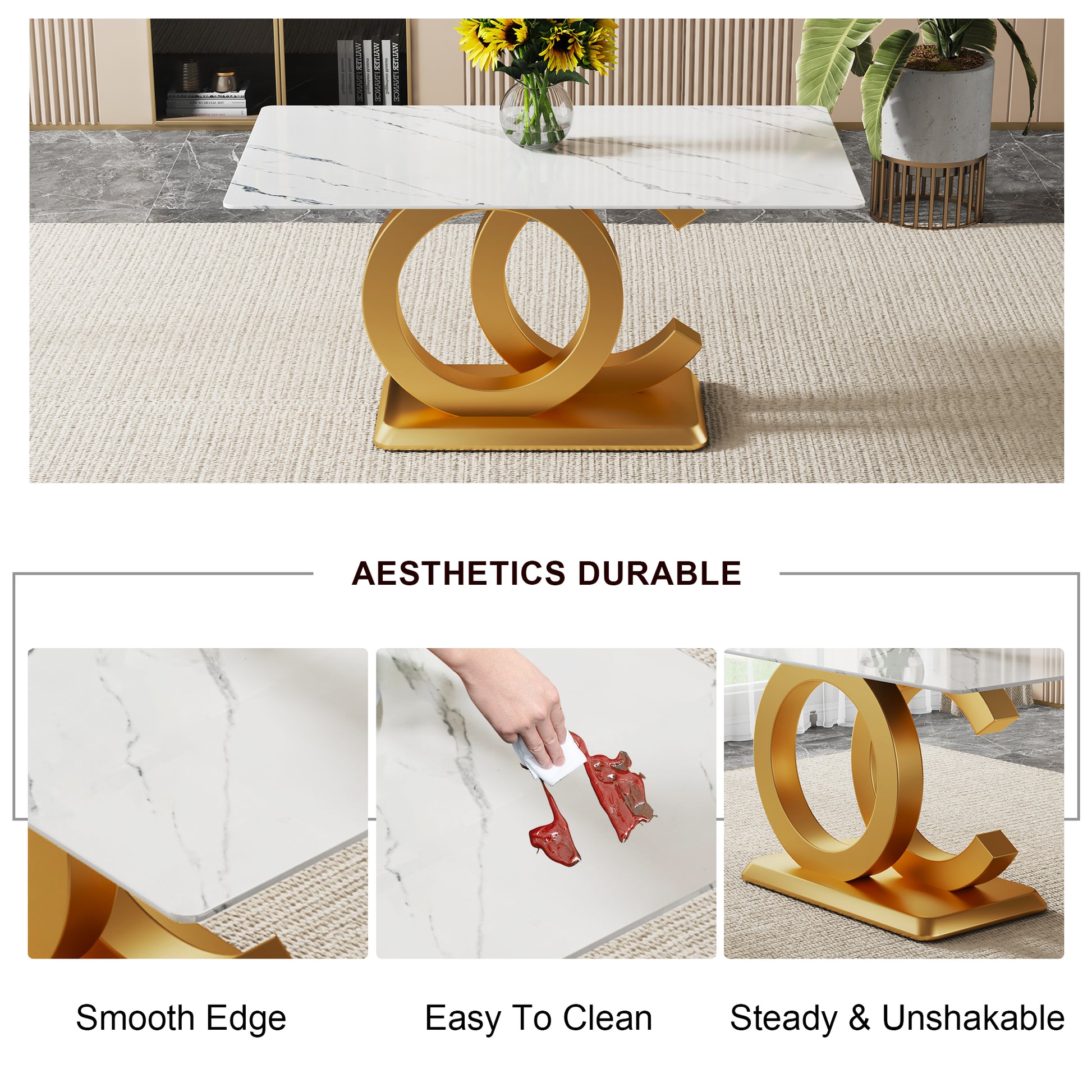 A Modern Minimalist Rectangular Dining Table Suitable For 6 8 People, A Set Of 6 Piece Pu Leather Backrest And Gold Metal Legs Modern Dining Chairs. F Oc C 009 White Mdf Glass