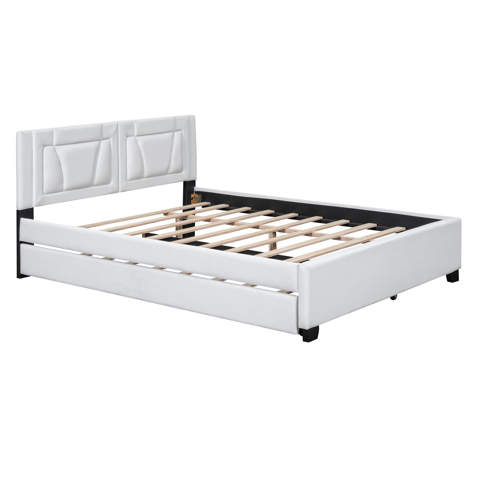 Queen Size Upholstered Platform Bed With Headboard And Twin Size Trundle, White Box Spring Not Required Queen White Bedroom Faux Leather Upholstered