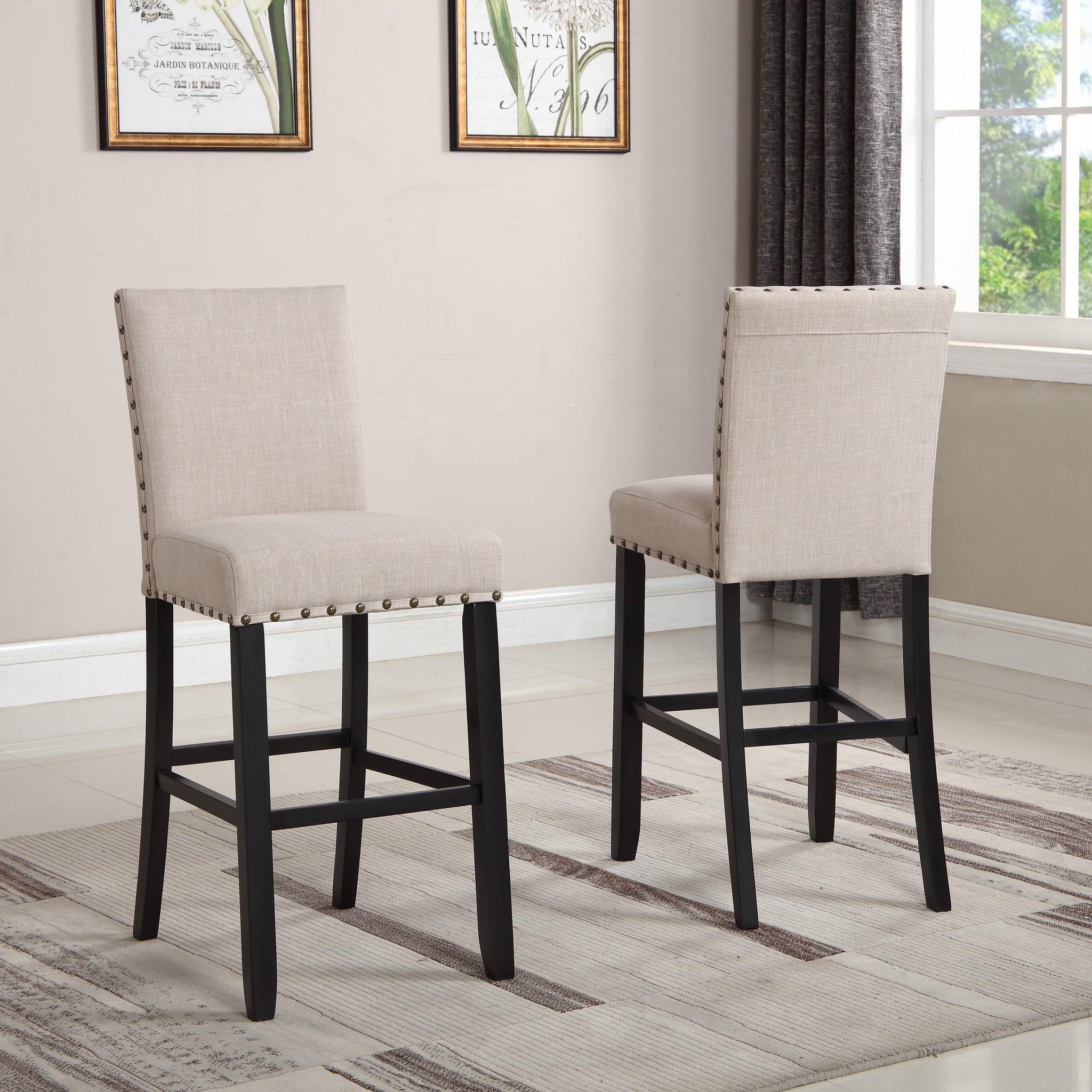Biony Fabric Bar Stools With Trim, Set Of 2, Tan Tan Wood