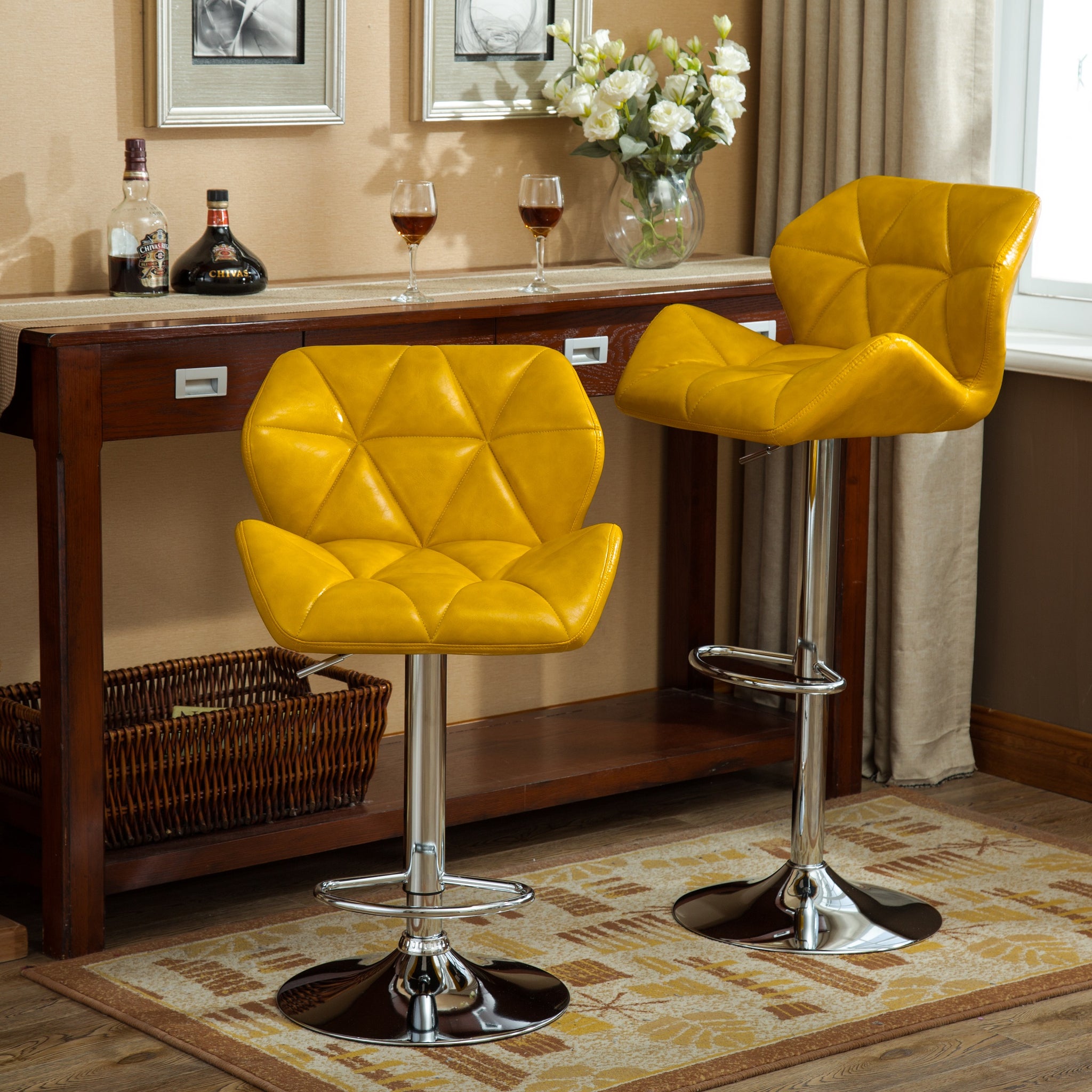 Glasgow Contemporary Tufted Adjustable Height Hidraulic Bar Stools, Set Of 2, Yellow Yellow Faux Leather