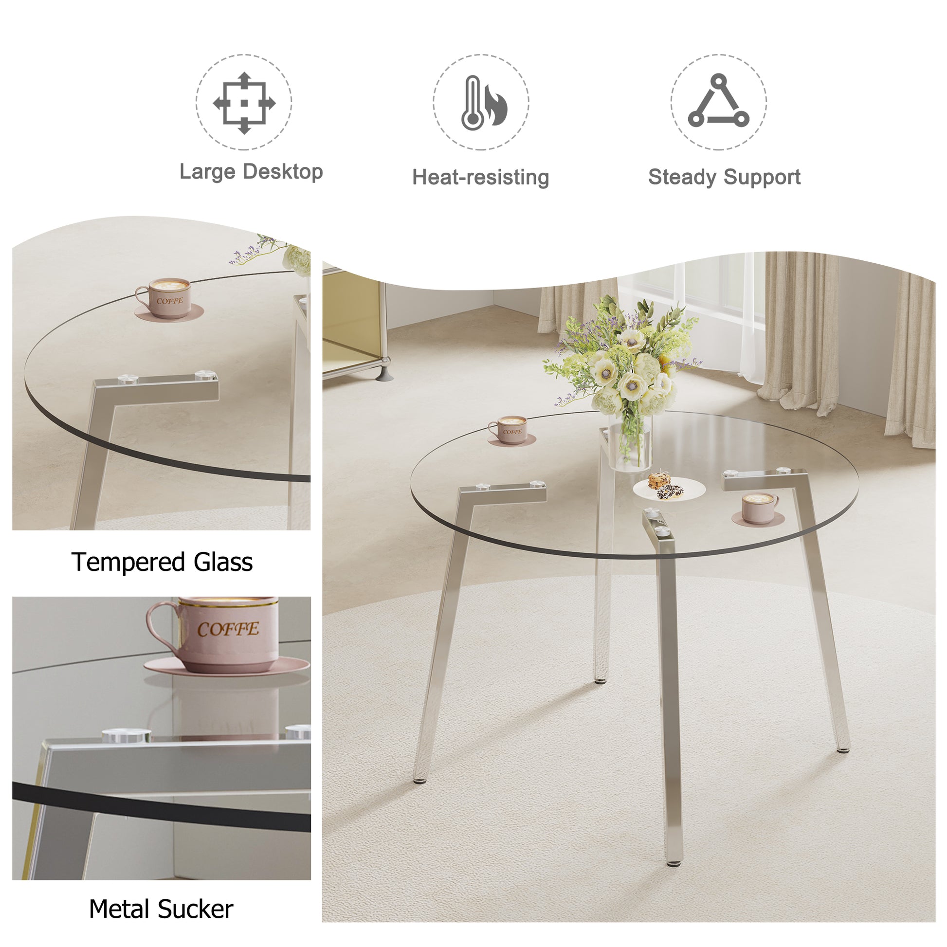 Modern Minimalist Style Circular Transparent Tempered Glass Table, Tempered Glass Tabletop, Silver Metal Table Legs, Suitable For Kitchen, Dining Room, And Living Room, 42 "* 42" * 29.5 "1123R Transparent Glass