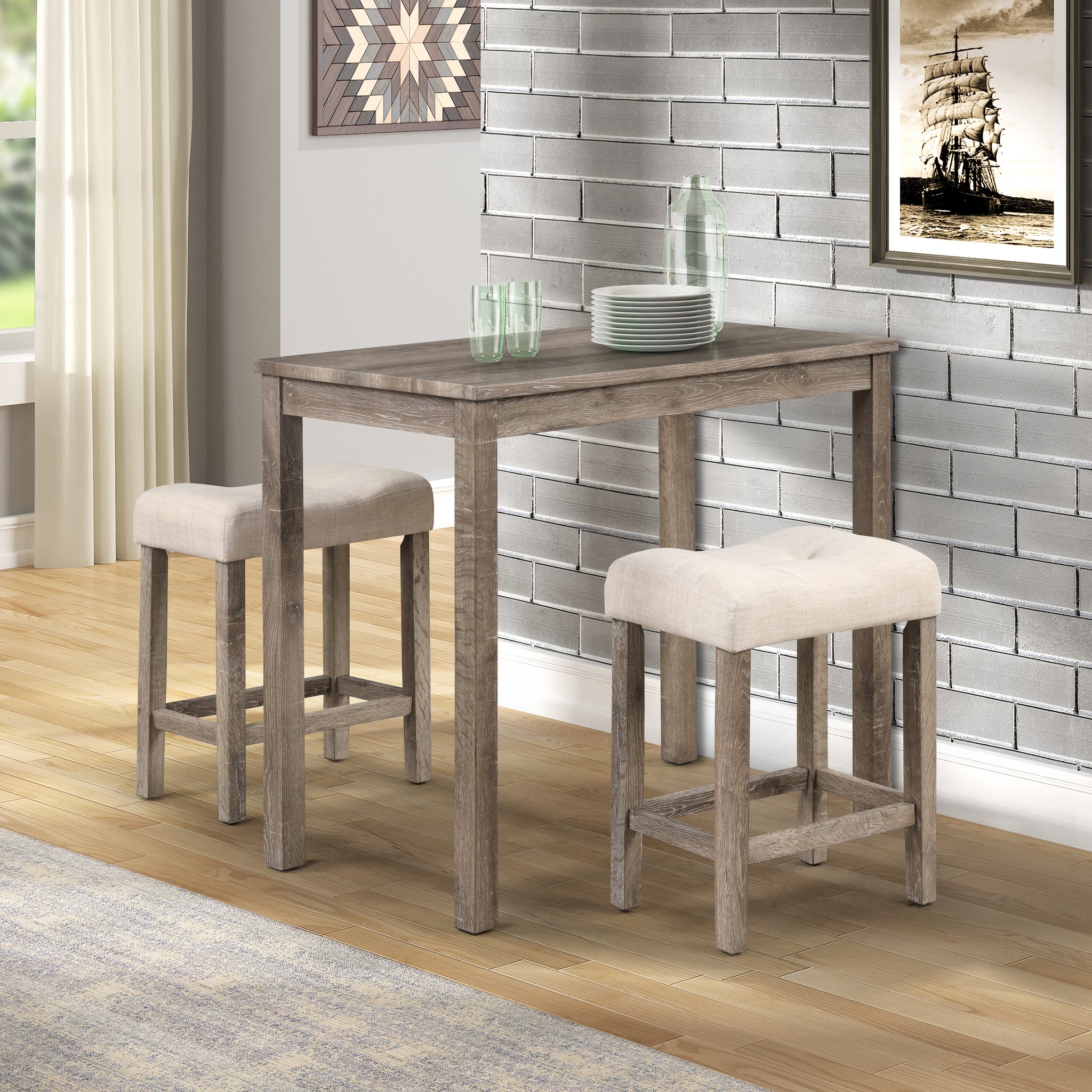 Sora Wood 3 Piece Counter Height Dining Set, Taupe Taupe Mdf
