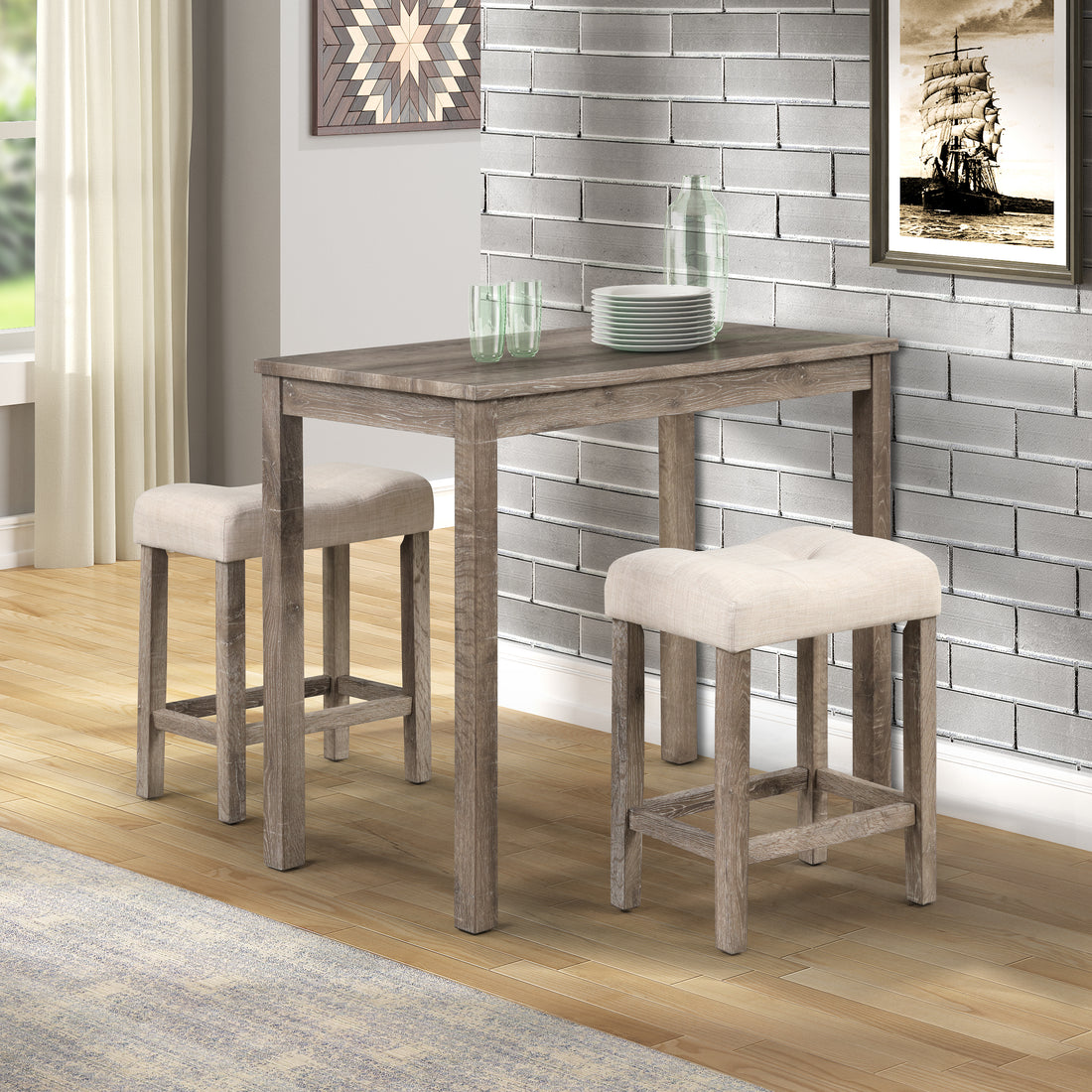 Sora Wood 3 Piece Counter Height Dining Set, Taupe Taupe Mdf
