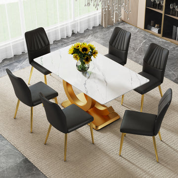 A Modern Minimalist Rectangular Dining Table Suitable For 6 8 People, A Set Of 6 Piece Pu Leather Backrest And Gold Metal Legs Modern Dining Chairs. F Oc C 009 White Mdf Glass