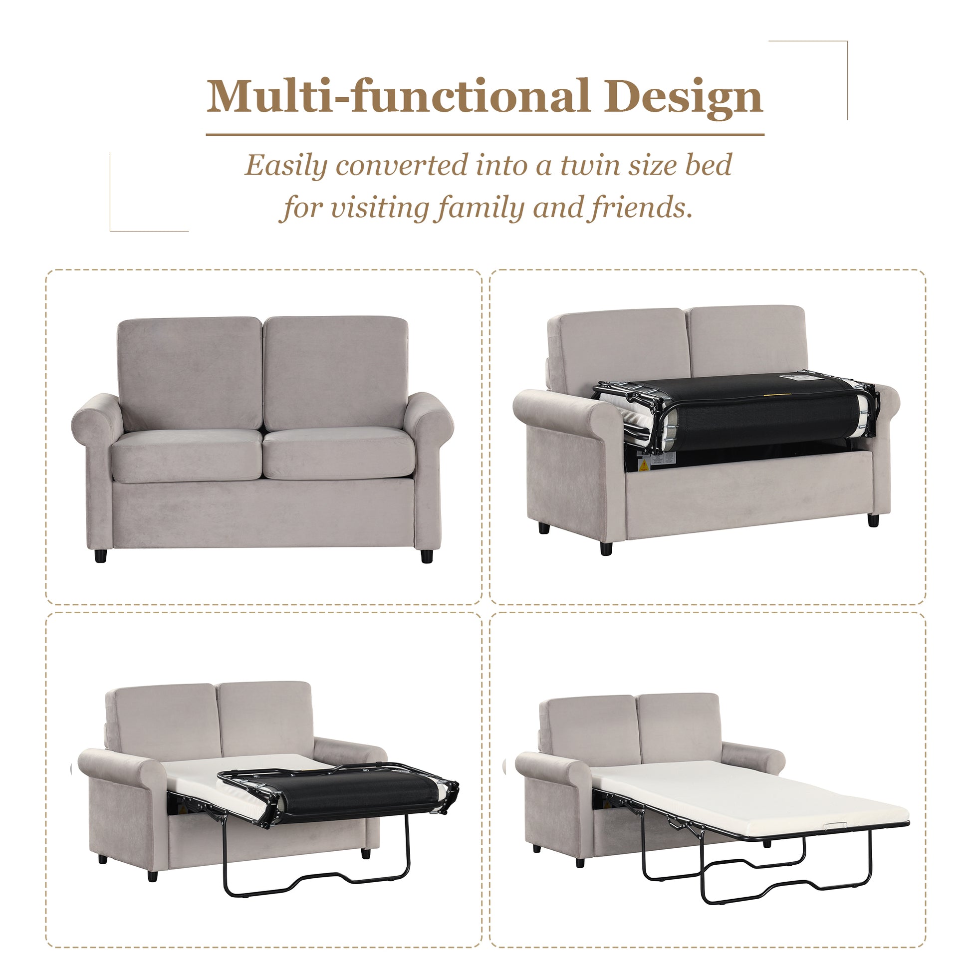 57.4" Pull Out Sofa Bed,Sleeper Sofa Bed With Premium Twin Size Mattress Pad,2 In 1 Pull Out Couch Bed With Two Usb Ports For Living Room,Small Apartment, Light Gray Old Sku:Wf296899 Light Gray Foam Velvet