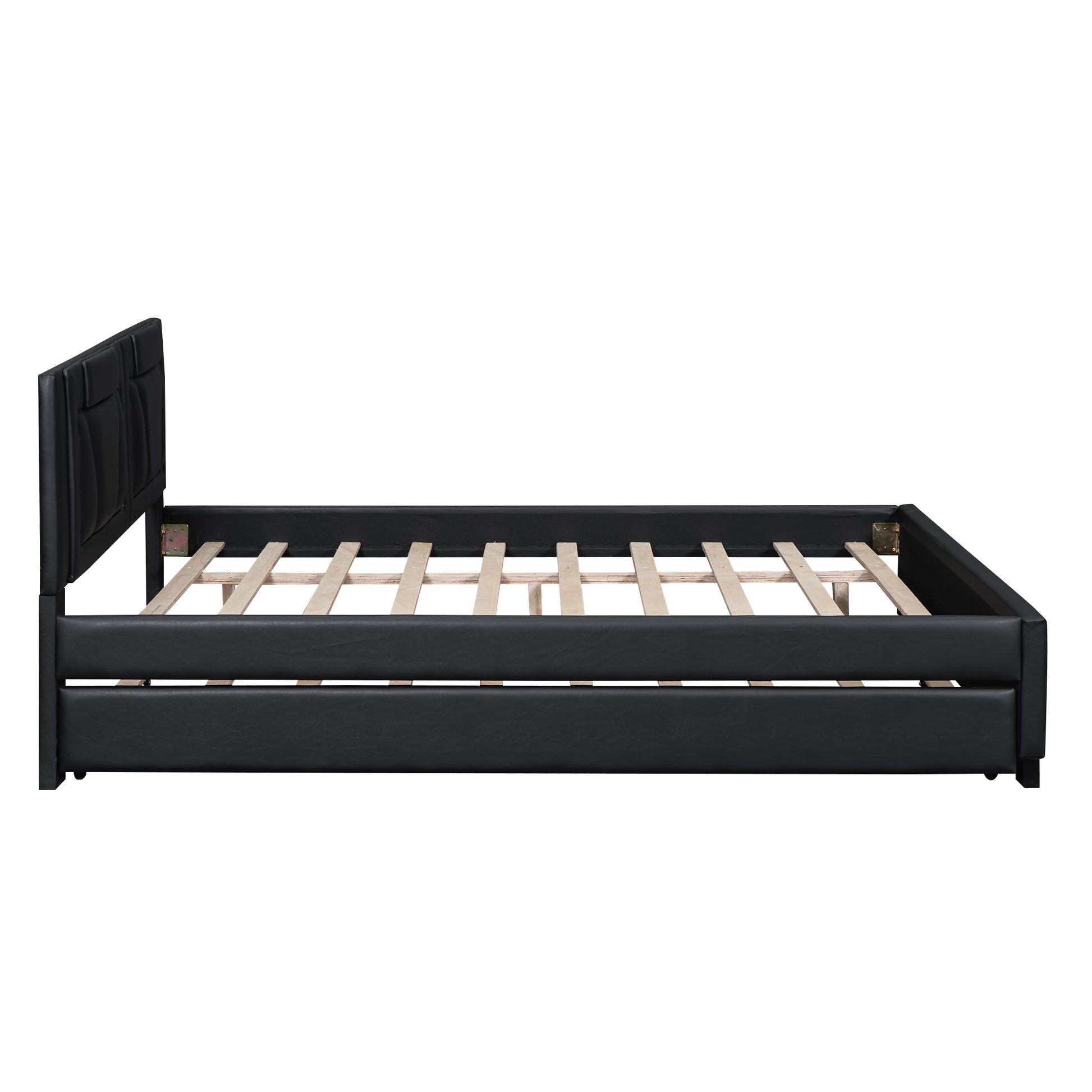 Queen Size Upholstered Platform Bed With Headboard And Twin Size Trundle, Black Box Spring Not Required Queen Black Bedroom Faux Leather Upholstered