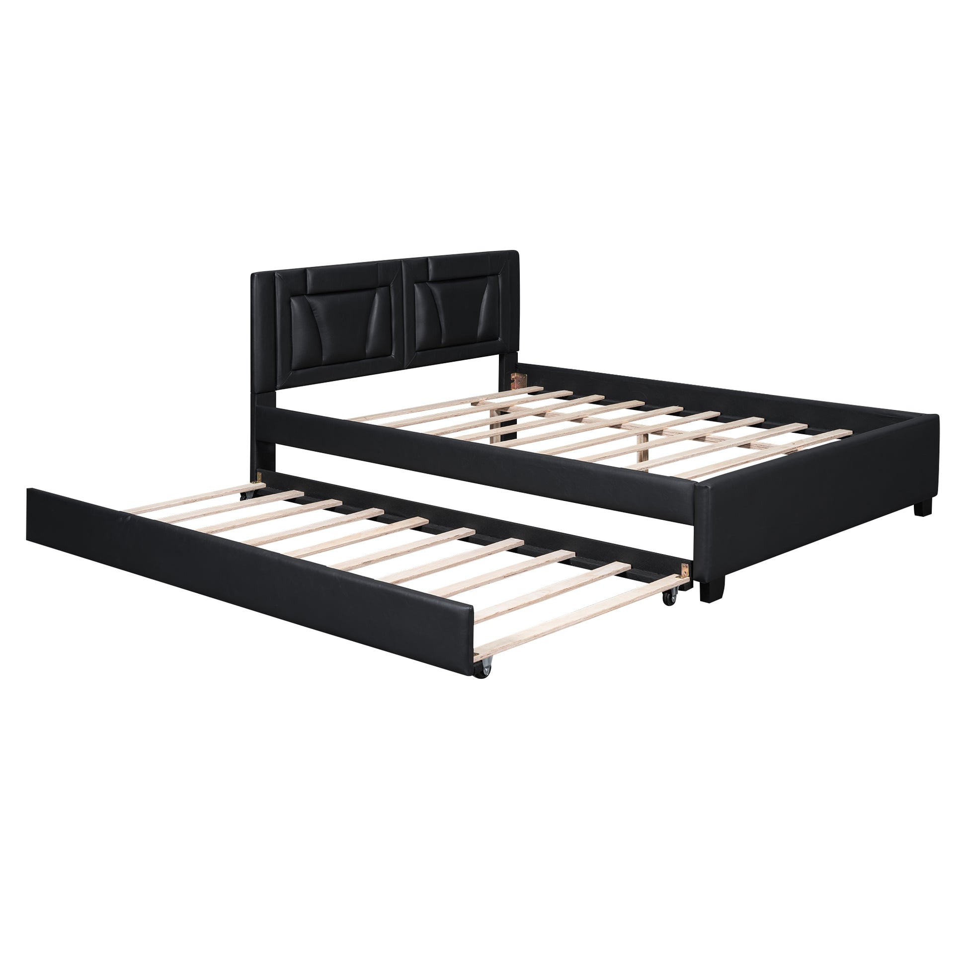 Queen Size Upholstered Platform Bed With Headboard And Twin Size Trundle, Black Box Spring Not Required Queen Black Bedroom Faux Leather Upholstered