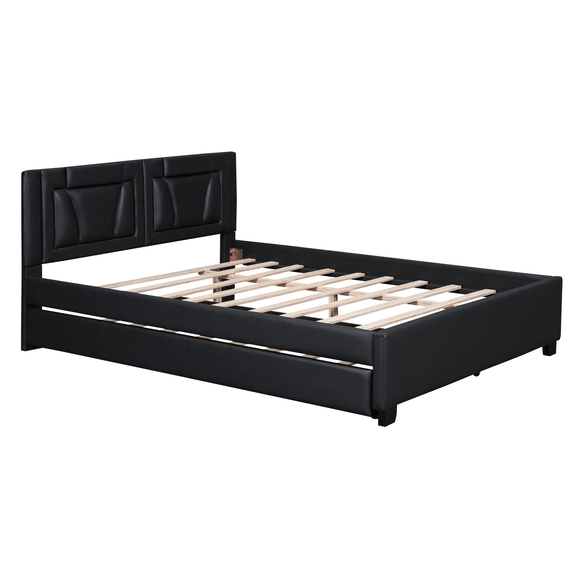Queen Size Upholstered Platform Bed With Headboard And Twin Size Trundle, Black Box Spring Not Required Queen Black Bedroom Faux Leather Upholstered