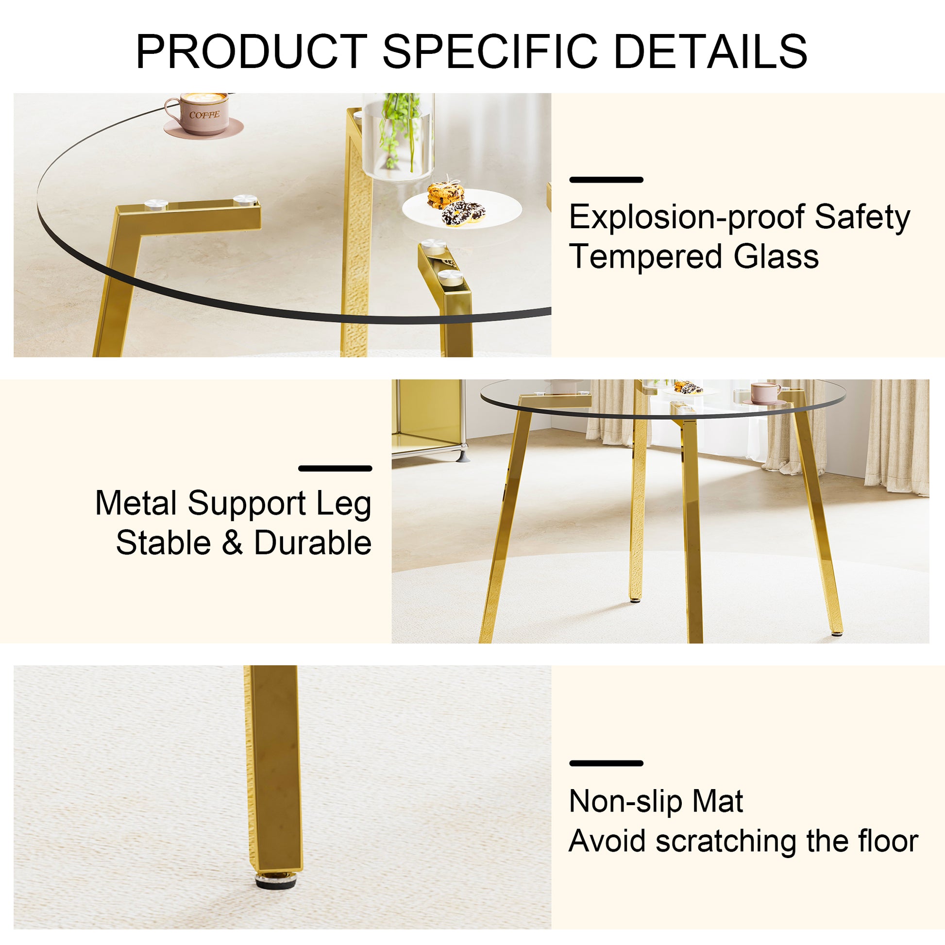 Modern Minimalist Style Circular Transparent Tempered Glass Table, Tempered Glass Tabletop, Golden Metal Legs, Suitable For Kitchen, Dining Room, And Living Room, 42 "* 42" * 29.5 "1123R Transparent Glass