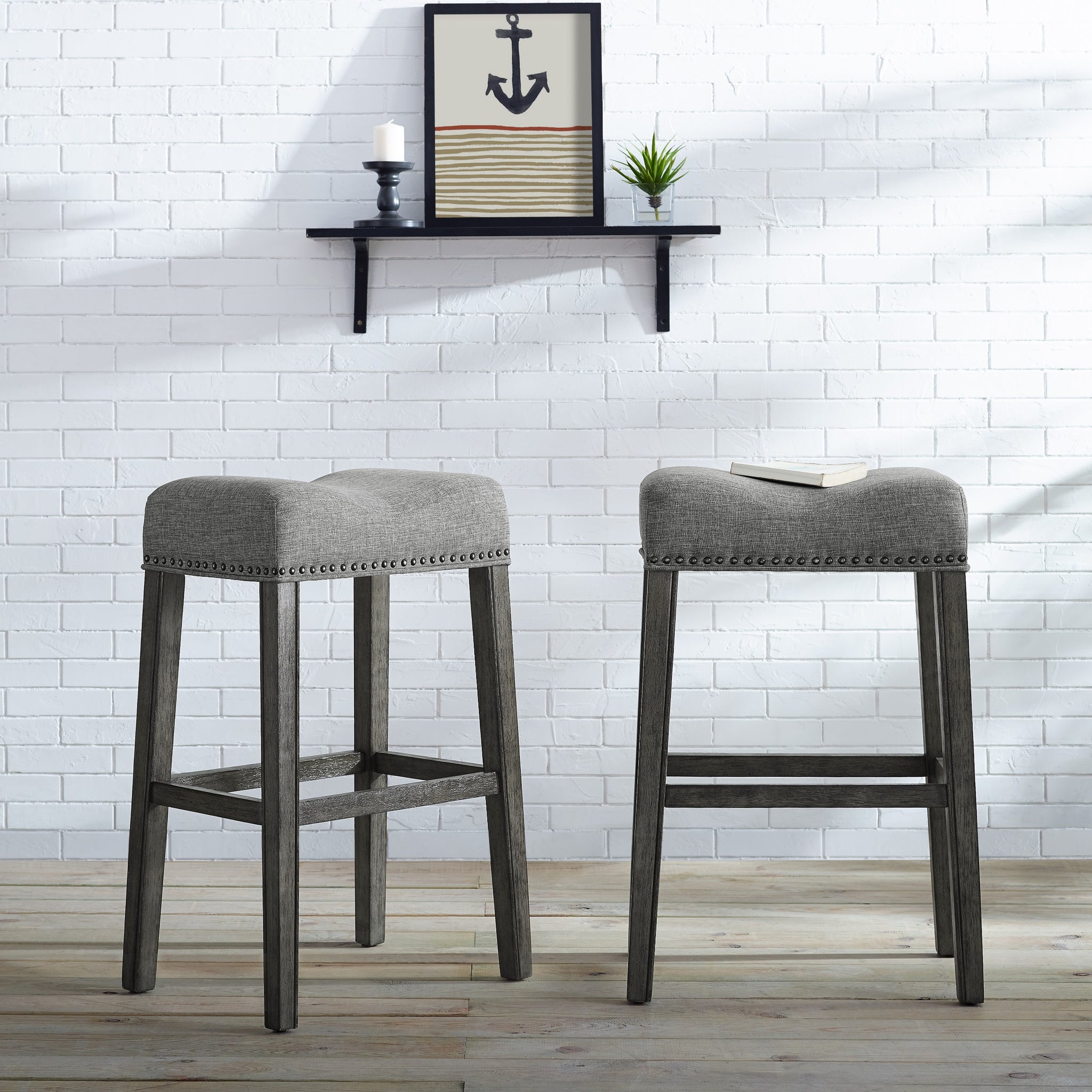 Coco Upholstered Backless Saddle Seat Bar Stools 29" Height Set Of 2, Gray Gray Wood