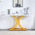 A Modern Minimalist Style Foyer Table With White Tabletop, Gold Bracket, And Bottom Plate, Enhancing The Beauty And Artistic Atmosphere Of The Home, Suitable For The Foyer Fxg White Gold Mdf