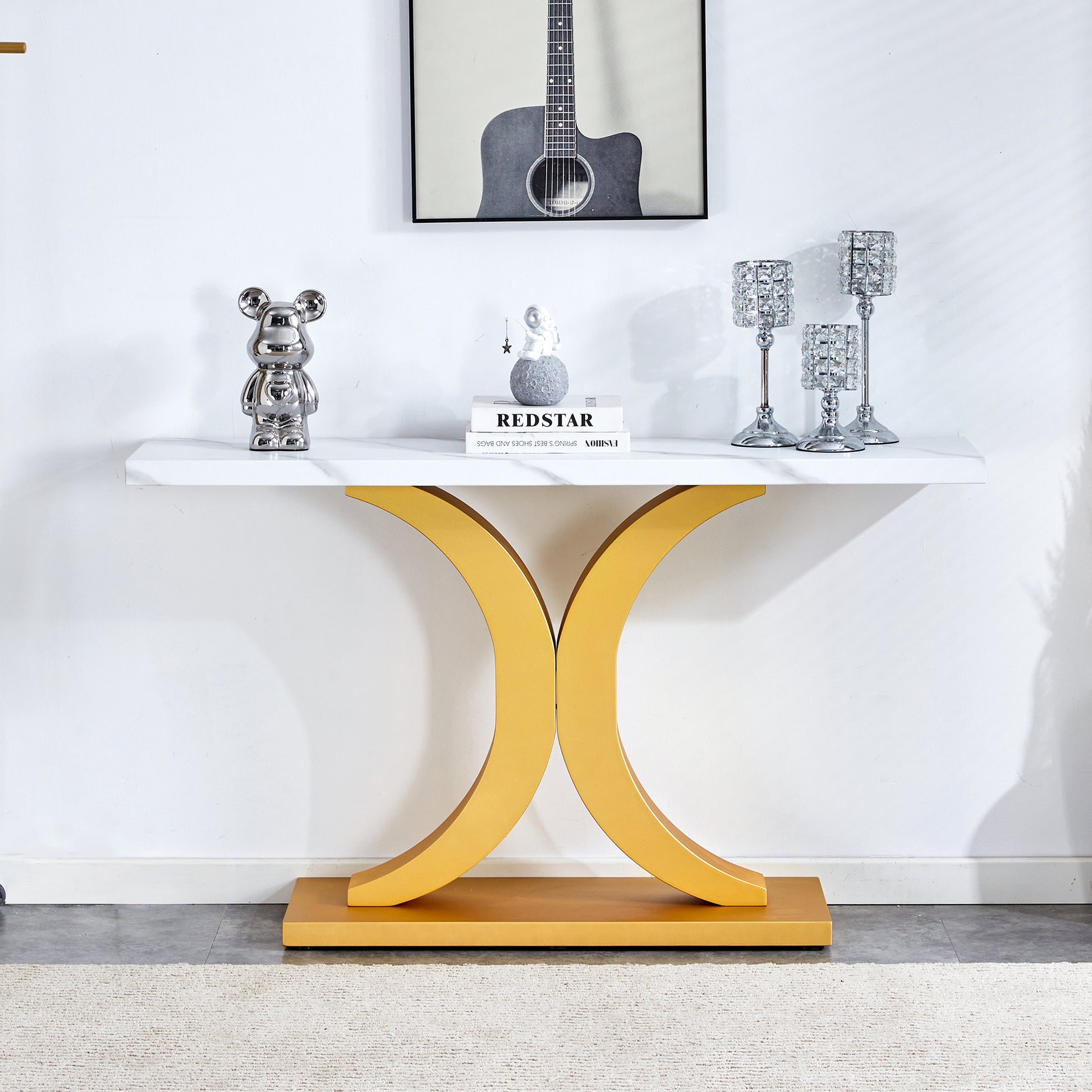 A Modern Minimalist Style Foyer Table With White Tabletop, Gold Bracket, And Bottom Plate, Enhancing The Beauty And Artistic Atmosphere Of The Home, Suitable For The Foyer Fxg White Gold Mdf