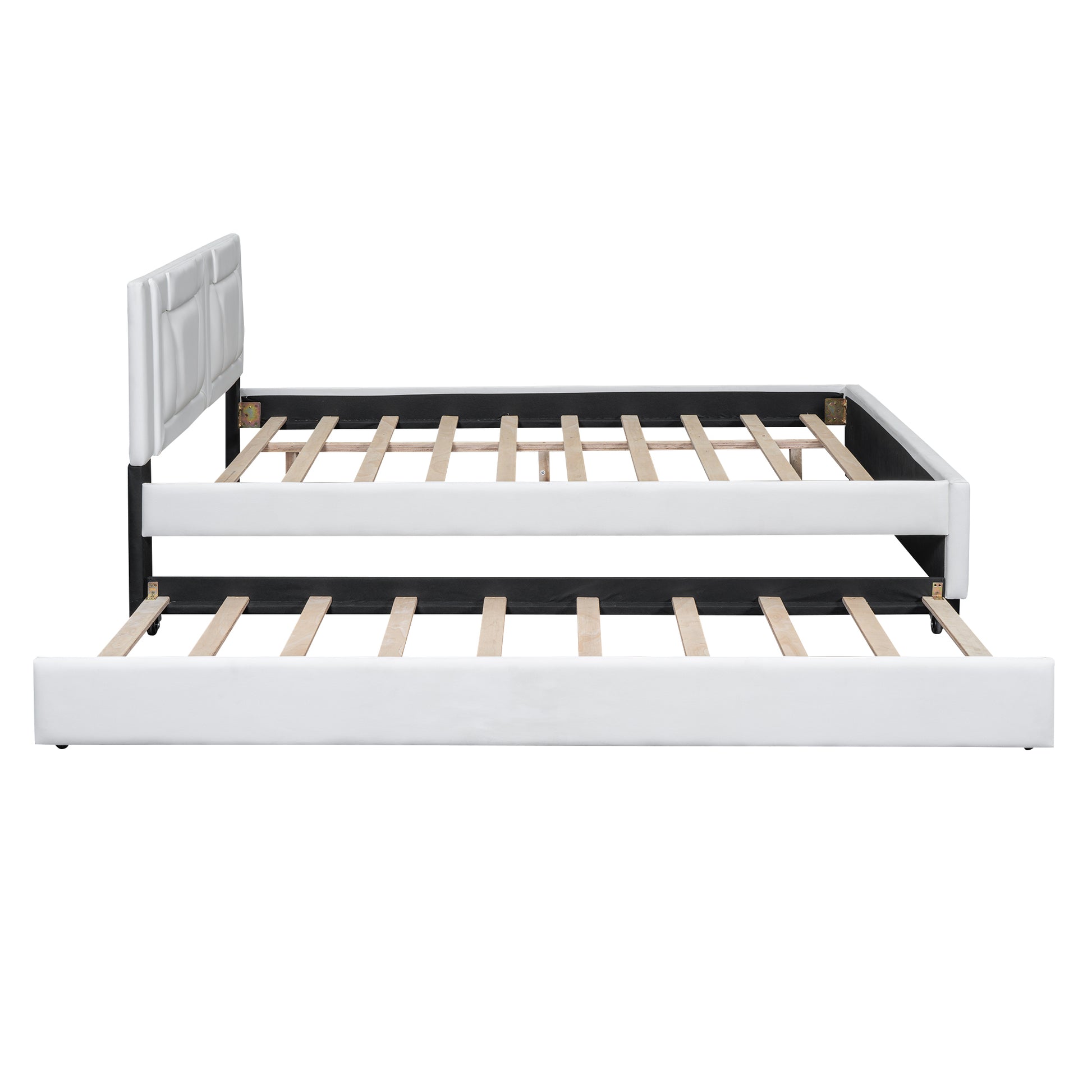 Queen Size Upholstered Platform Bed With Headboard And Twin Size Trundle, White Box Spring Not Required Queen White Bedroom Faux Leather Upholstered