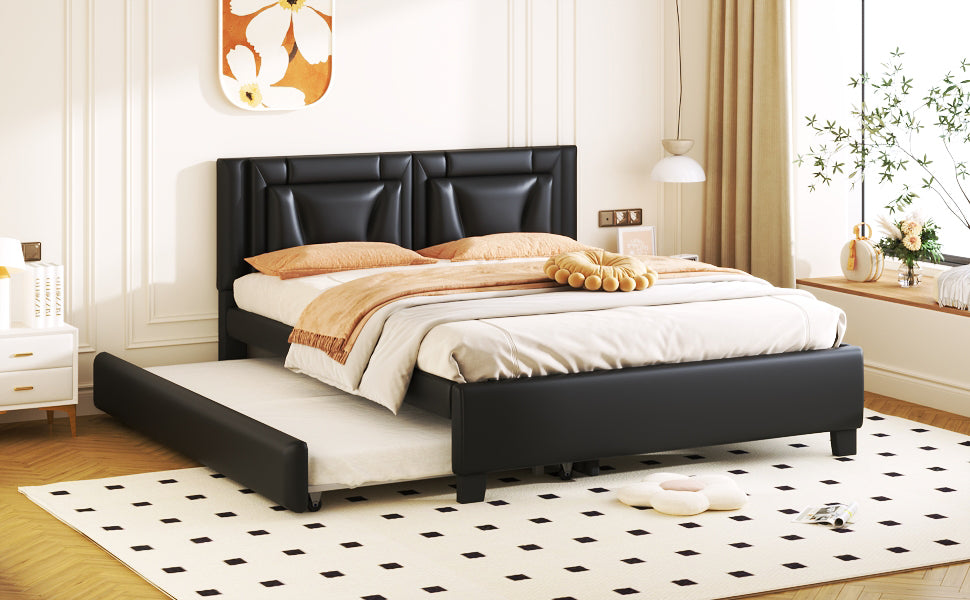 Queen Size Upholstered Platform Bed With Headboard And Twin Size Trundle, Black Box Spring Not Required Queen Black Bedroom Faux Leather Upholstered