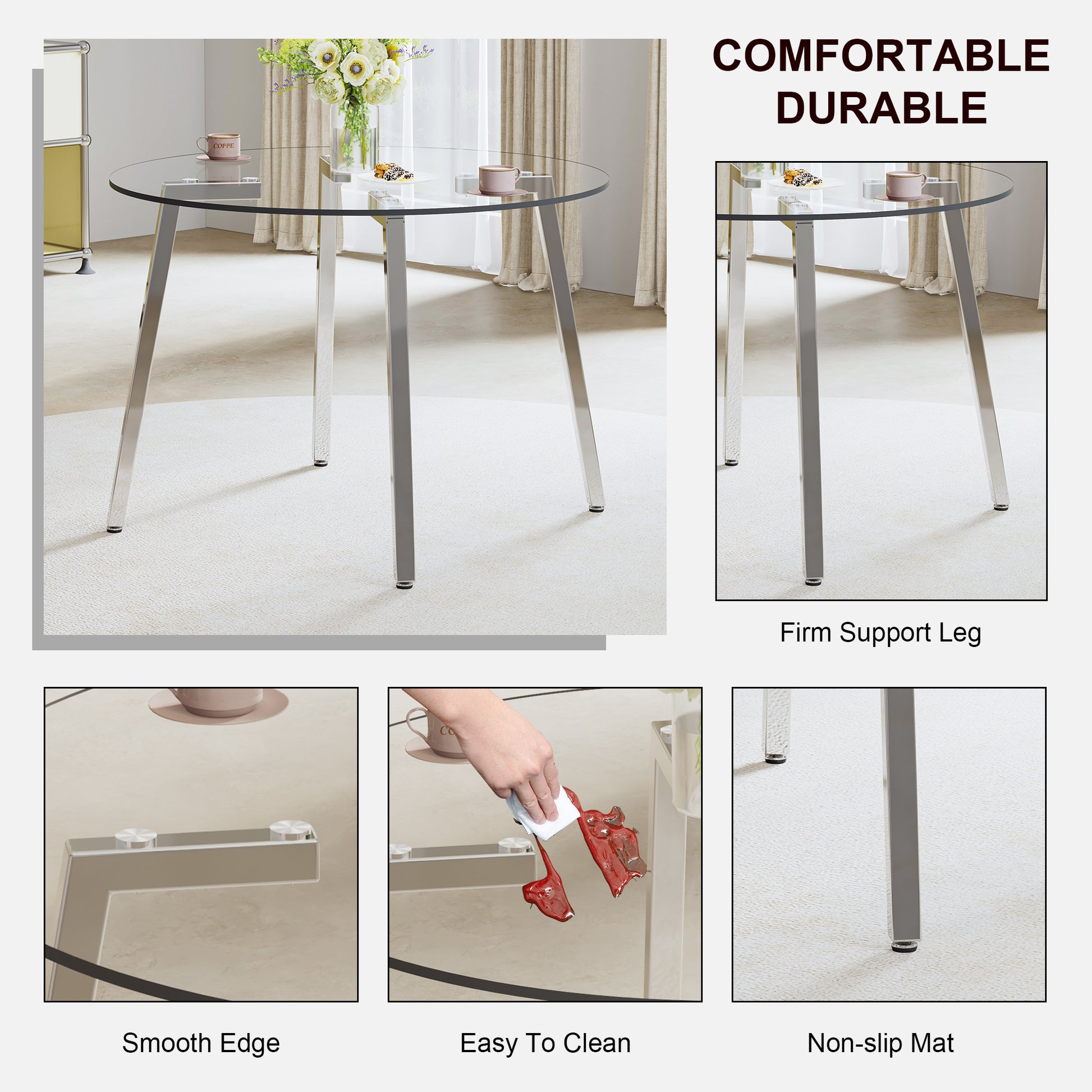 Modern Minimalist Style Circular Transparent Tempered Glass Table, Tempered Glass Tabletop, Silver Metal Table Legs, Suitable For Kitchen, Dining Room, And Living Room, 42 "* 42" * 29.5 "1123R Transparent Glass