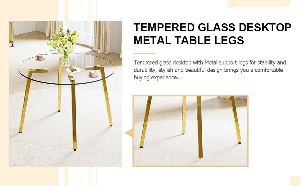 Modern Minimalist Style Circular Transparent Tempered Glass Table, Tempered Glass Tabletop, Golden Metal Legs, Suitable For Kitchen, Dining Room, And Living Room, 42 "* 42" * 29.5 "1123R Transparent Glass